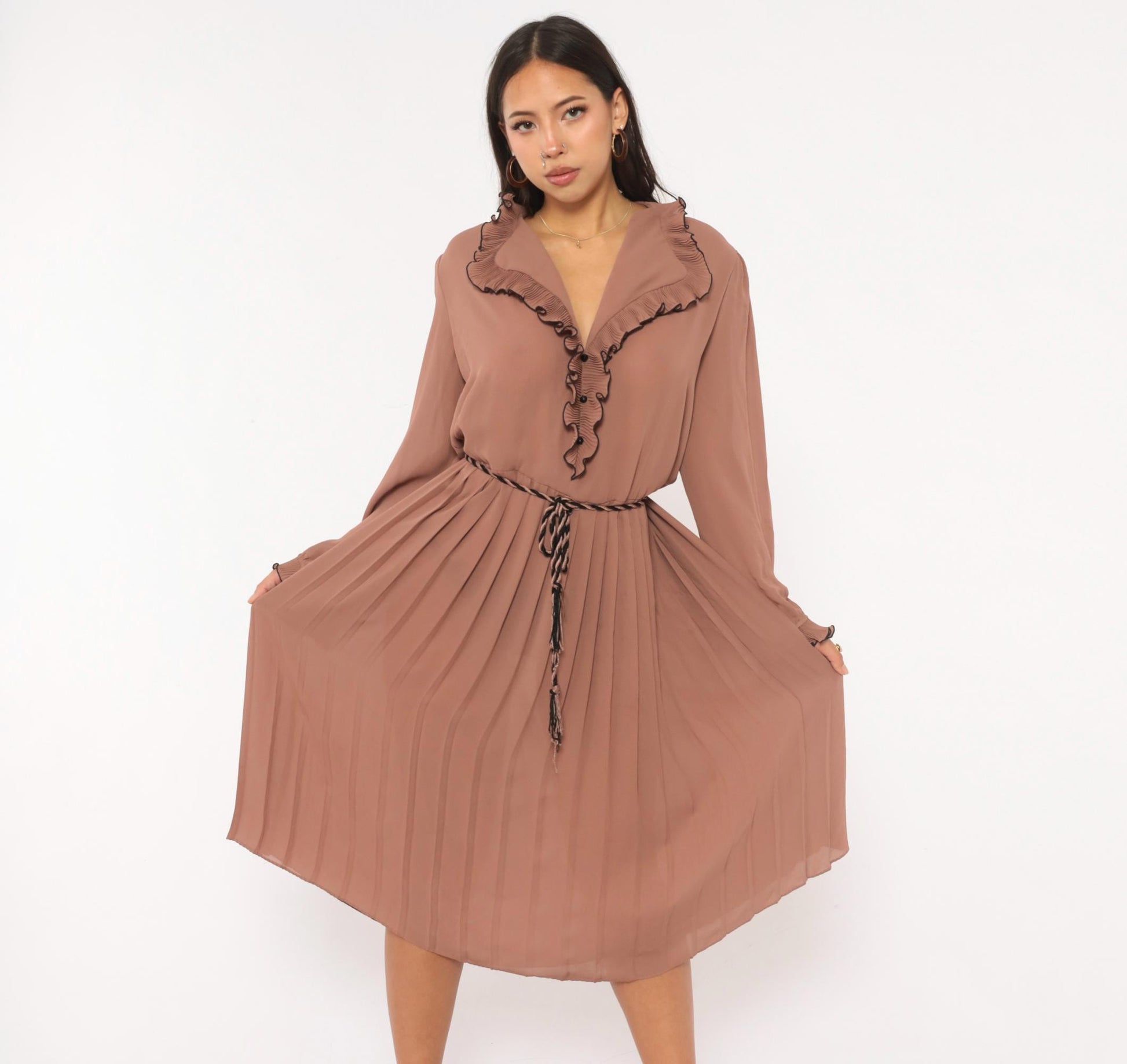 80s Cobina Mauve Pleated Dress Ruffled Collar V-Neck Blouson Sleeve Extra Large XL