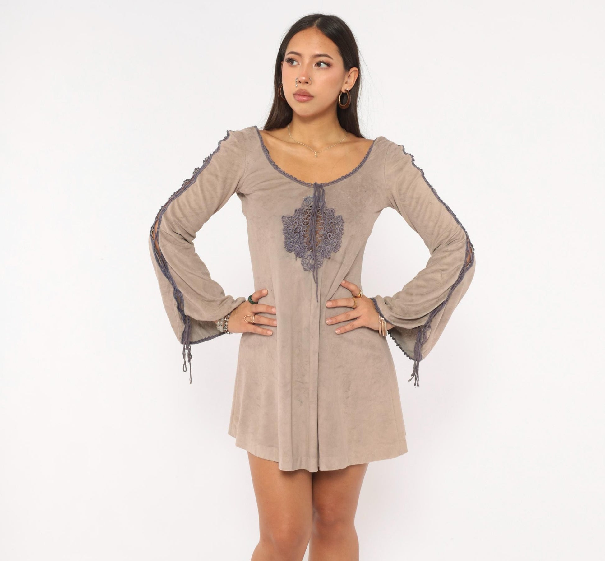 70s Grey Velour Mini Dress Purple Lace Cutout Bell Sleeve Extra Small XS
