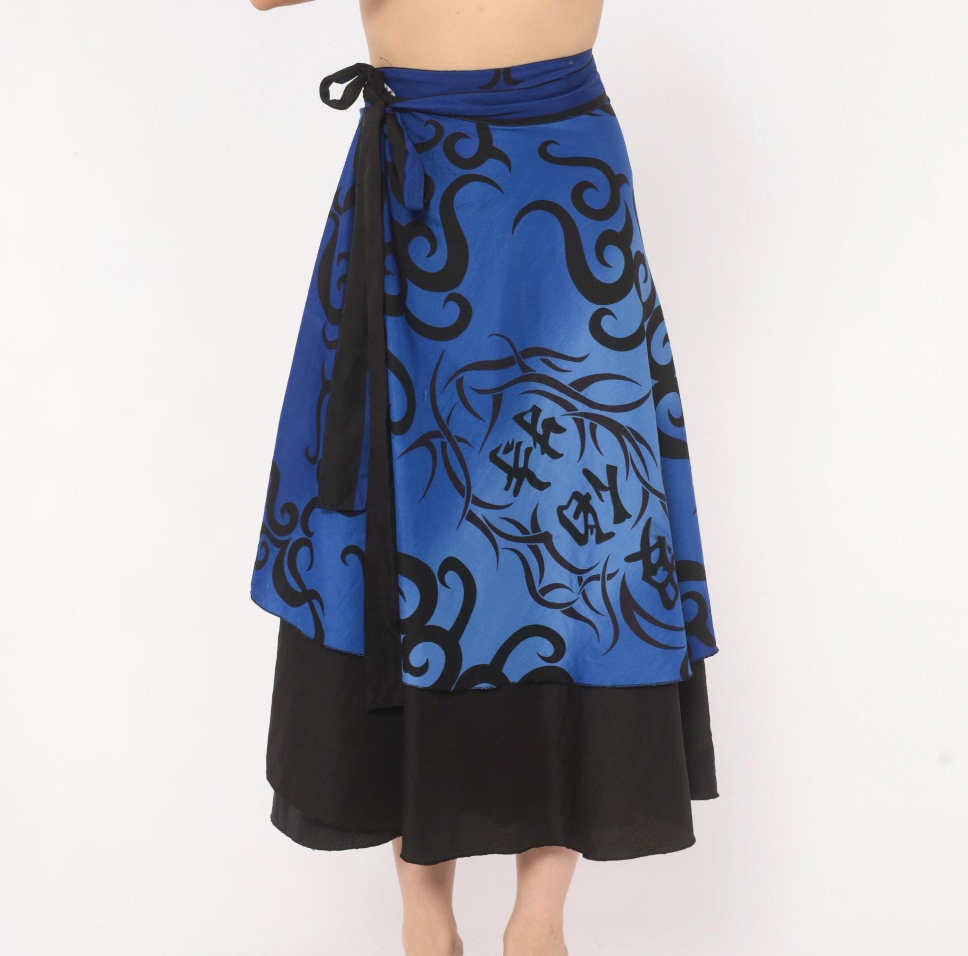 2000s Tribal Flame Print Wrap Skirt Blue Black Midi A-Line Small
