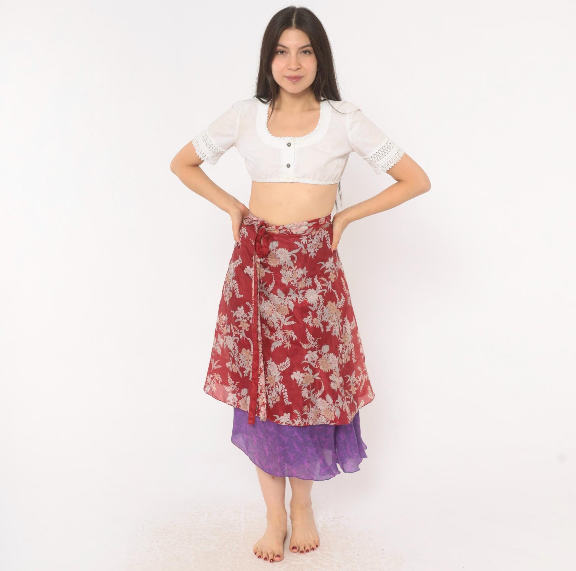 Y2K Kariza Silk Wrap Skirt Burgundy Floral Purple Double Layer Small Medium