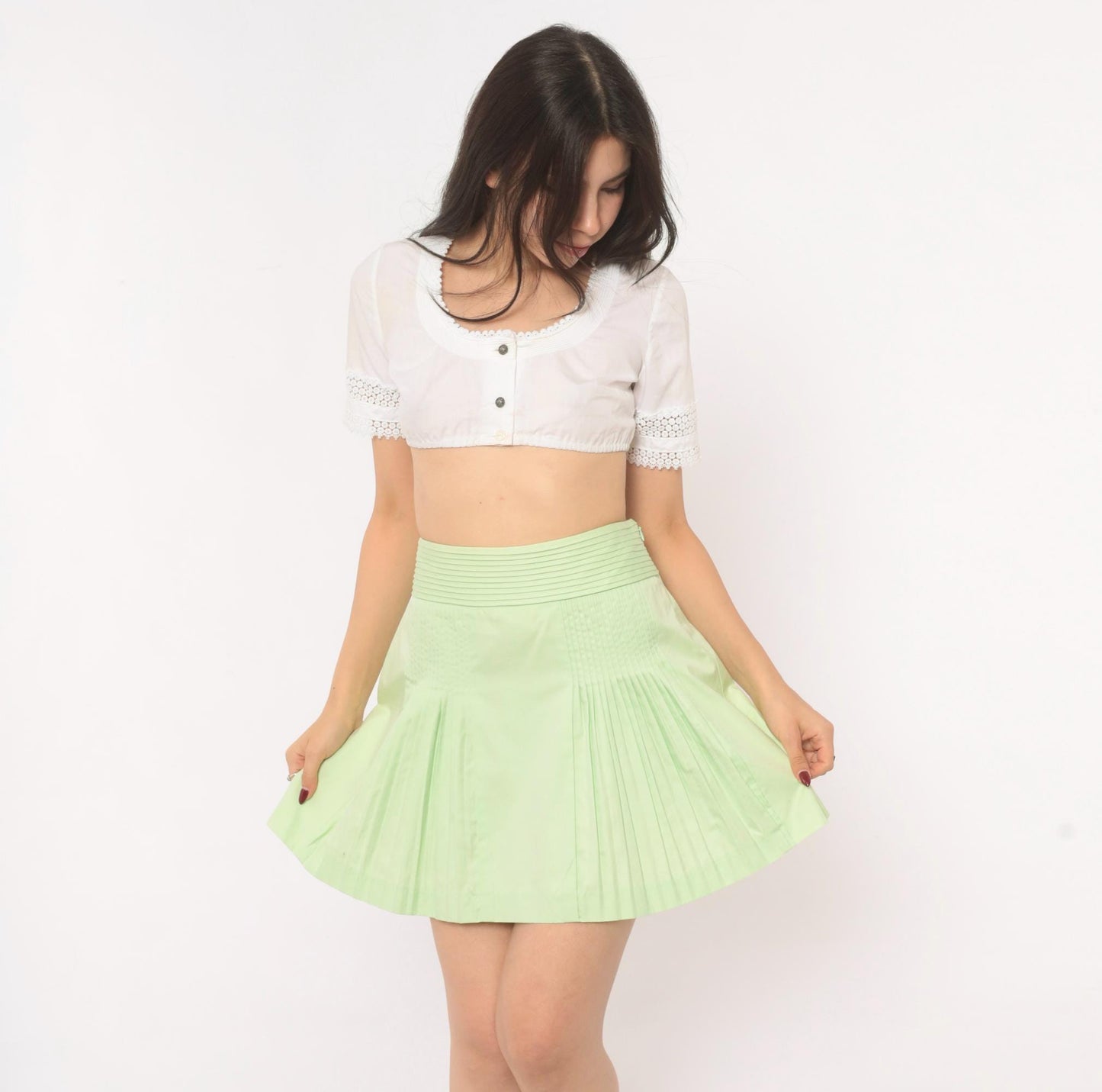 J.Crew Mint Green Pleated Mini Skirt Pintuck A-Line Cotton Extra Small XS