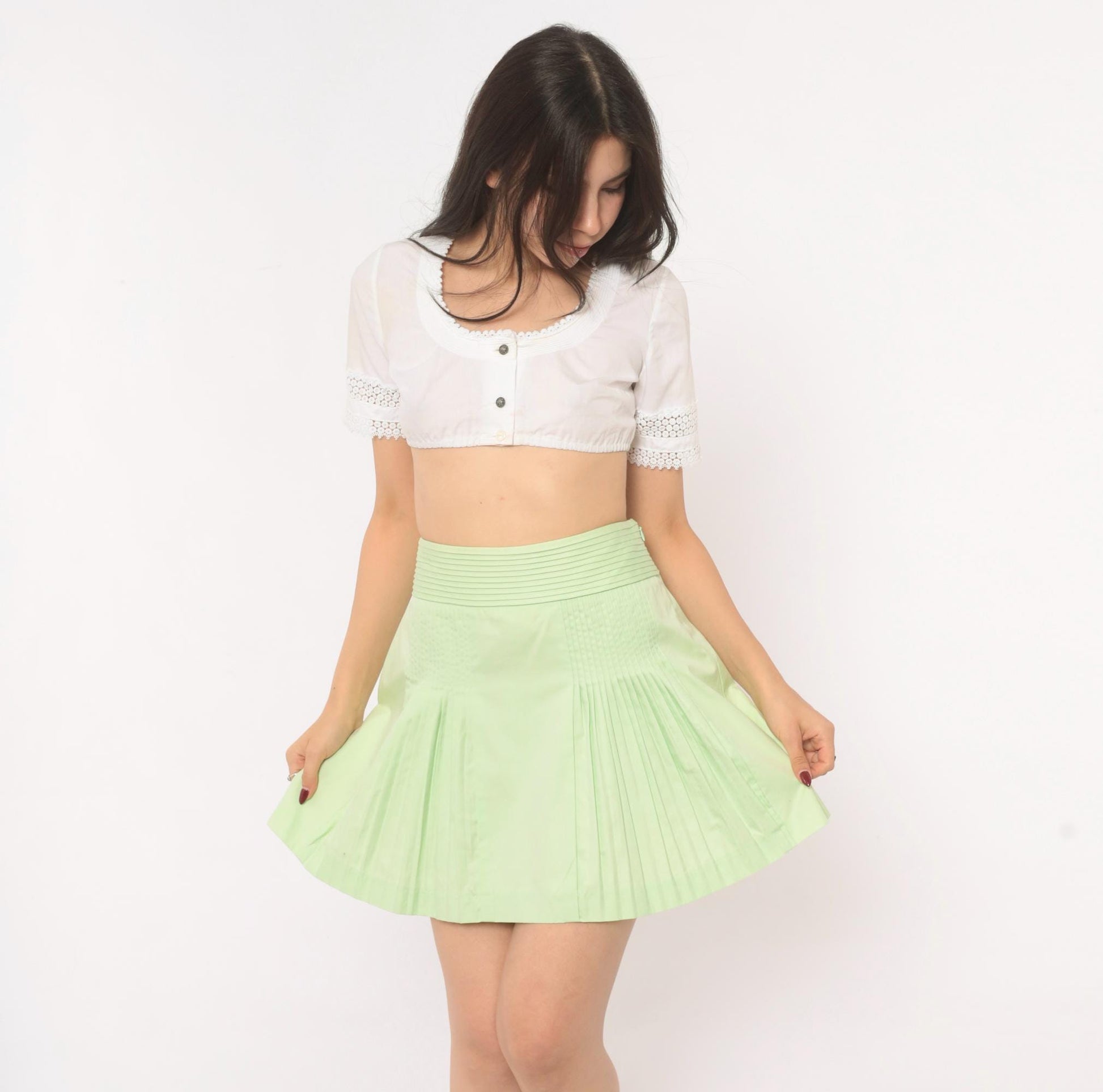 J.Crew Mint Green Pleated Mini Skirt Pintuck A-Line Cotton Extra Small XS