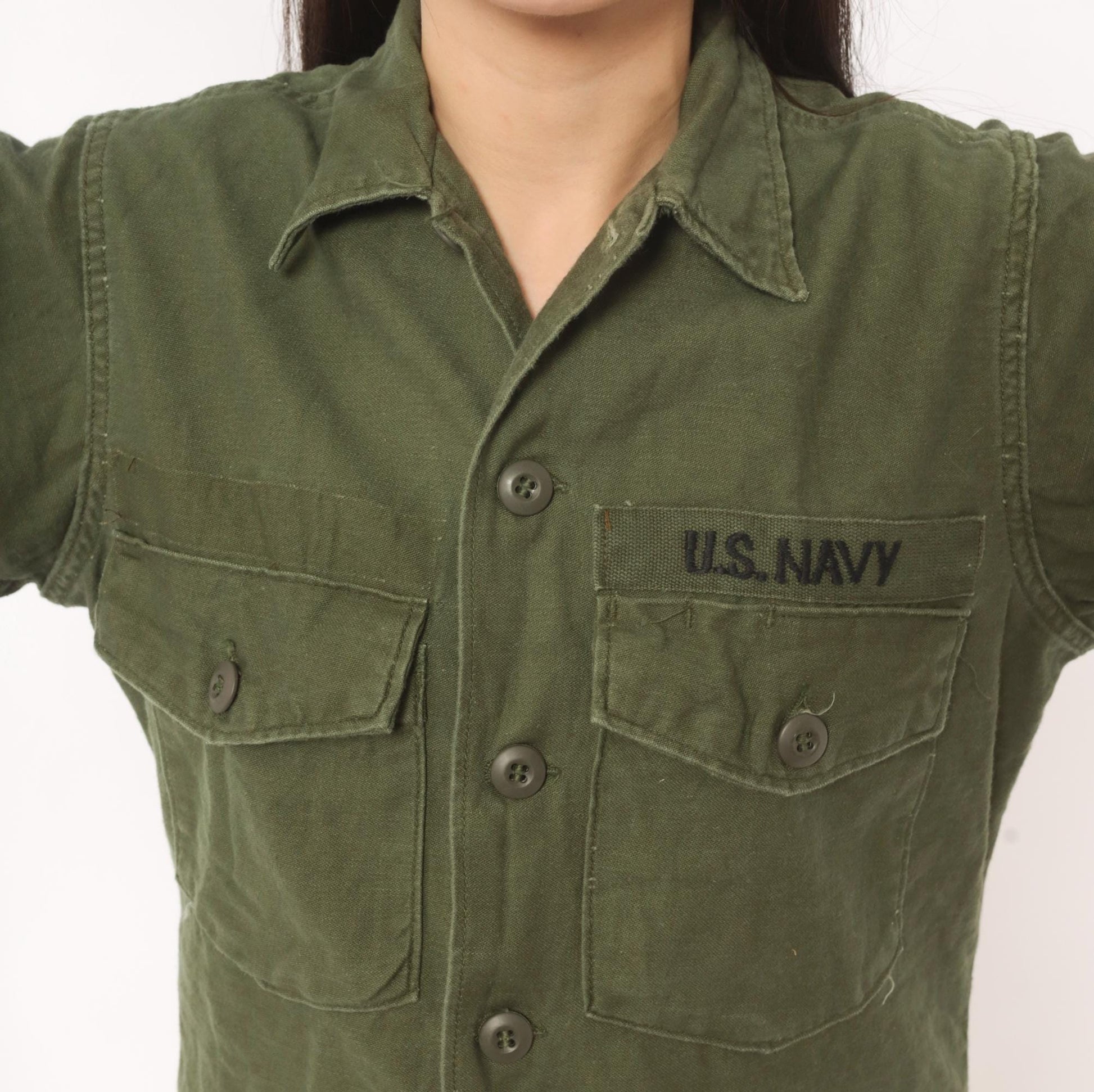 80s U.S. Navy Utility Shirt Olive Drab Cotton Military Field Top Medium