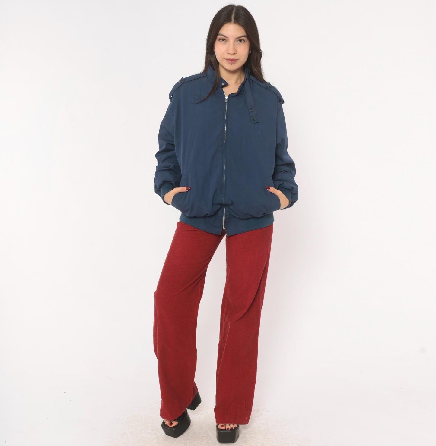 80s King Louie Navy Harrington Bomber Jacket Buffalo Plaid Lined Large L