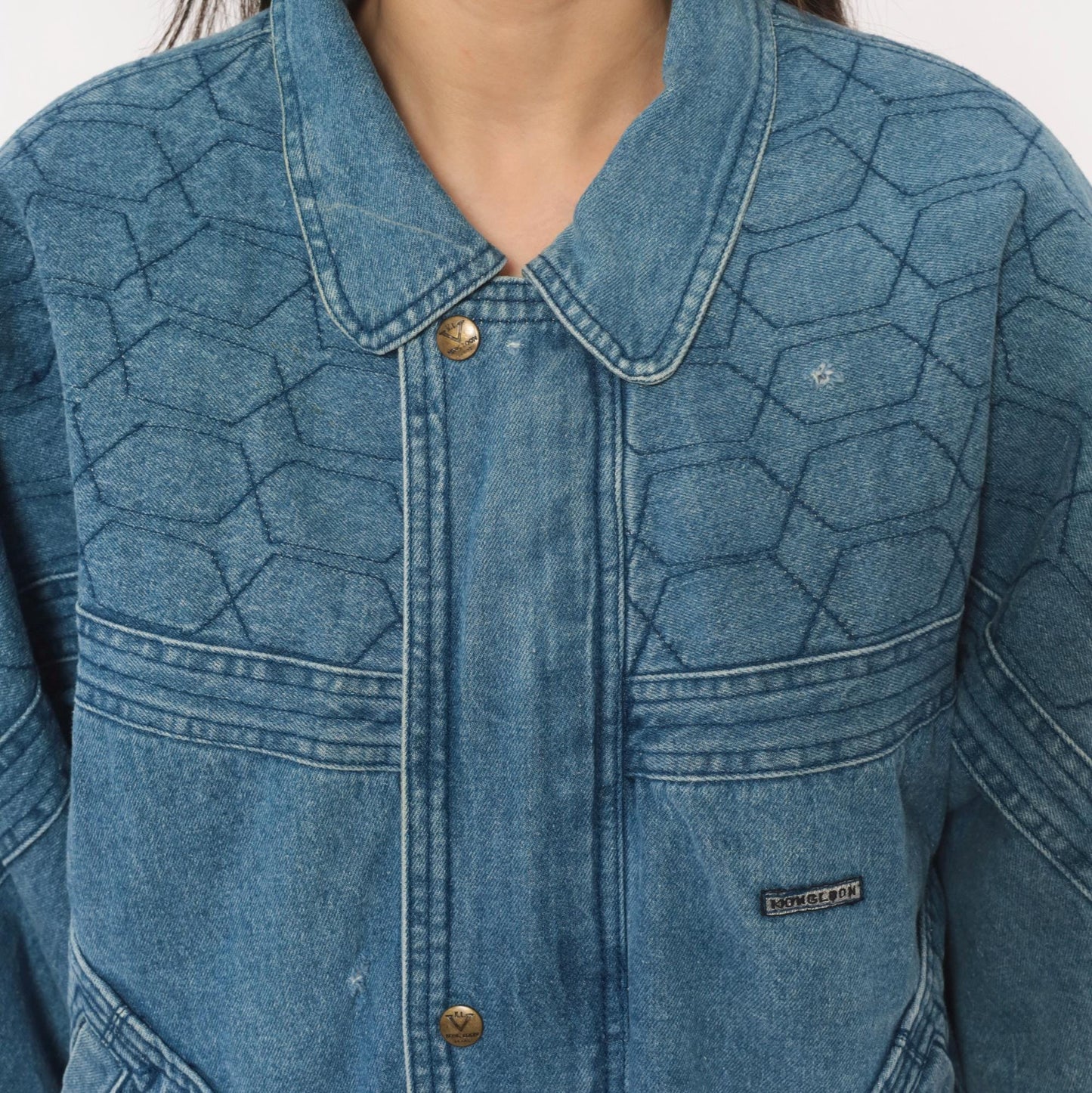90s Kongloon Quilted Denim Bomber Sherpa Lined Jean Jacket Blue Large
