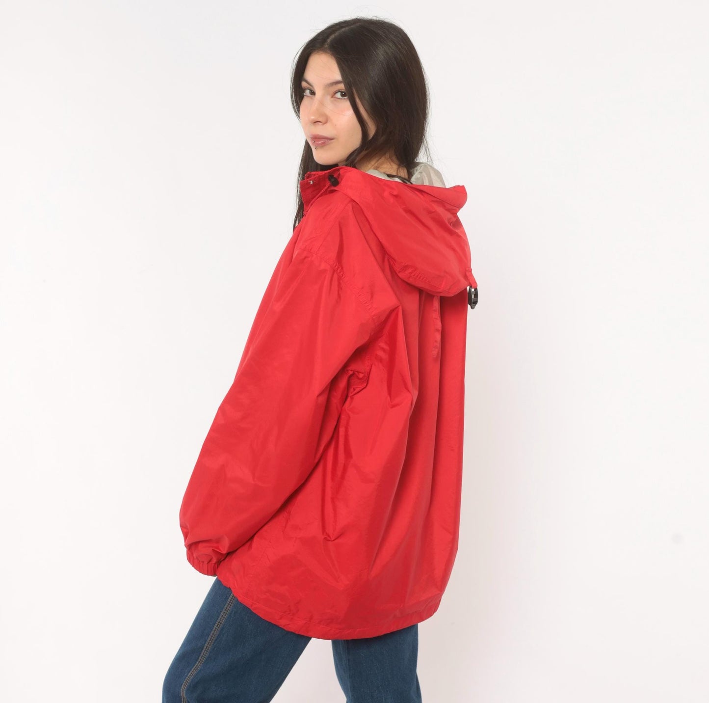 90s L.L.Bean Red Anorak Half-Zip Nylon Windbreaker Jacket Large L