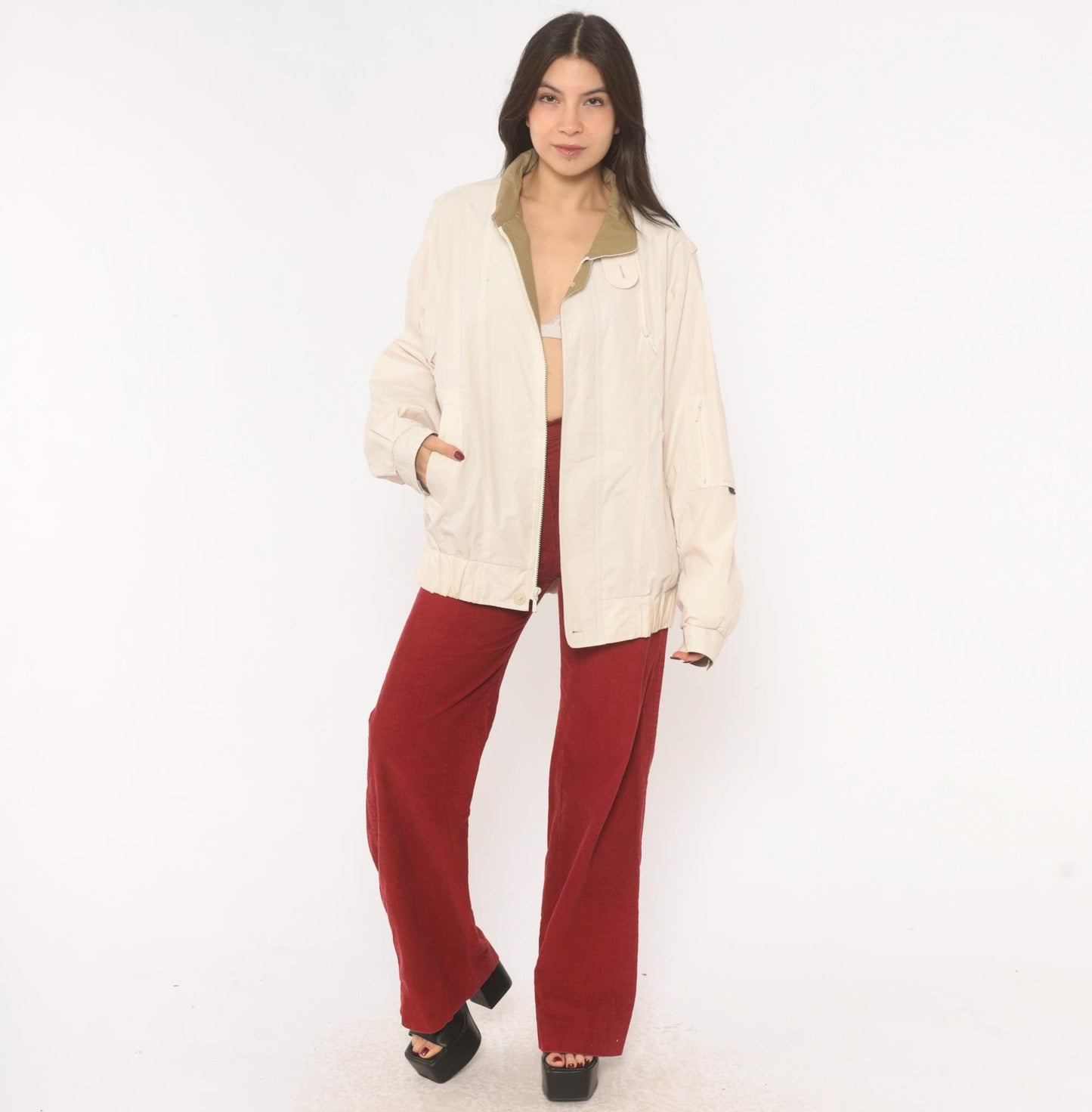 90s London Fog Windbreaker Jacket Cream Tan Collar Medium M