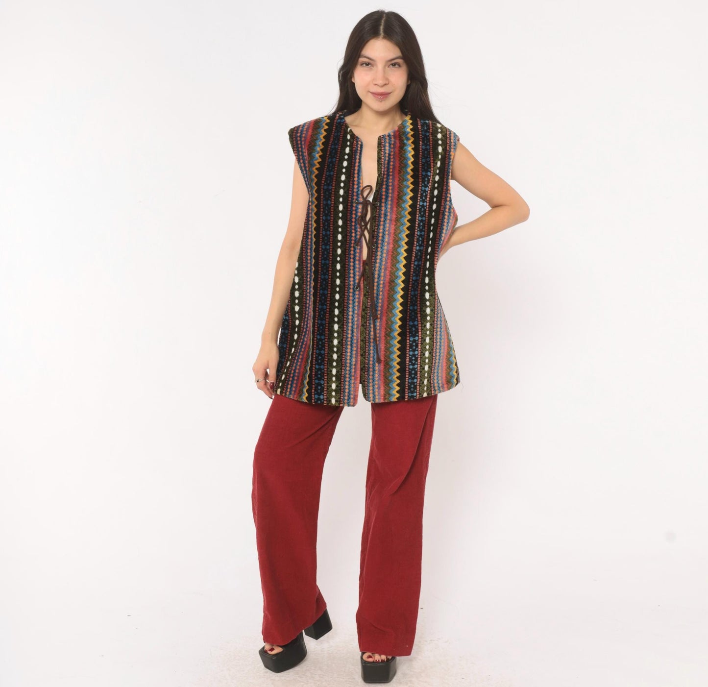 70s Chenille Tapestry Vest Multicolor Zigzag Stripe Lace-Up Tunic Large L