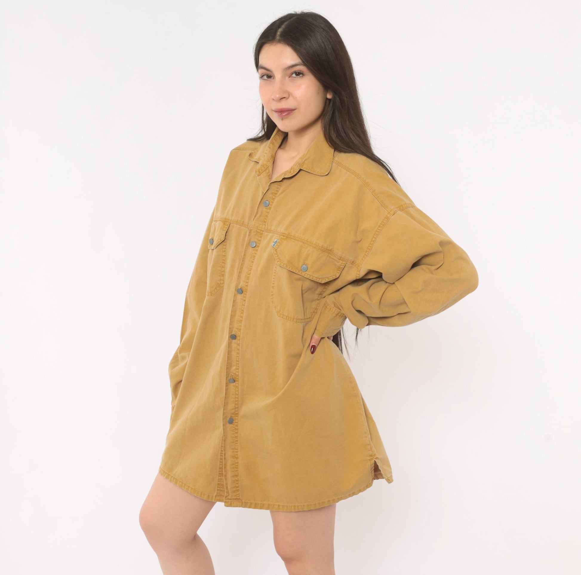 90s Levi's Mustard Cotton Button-Front Shirt Spread Collar Large L