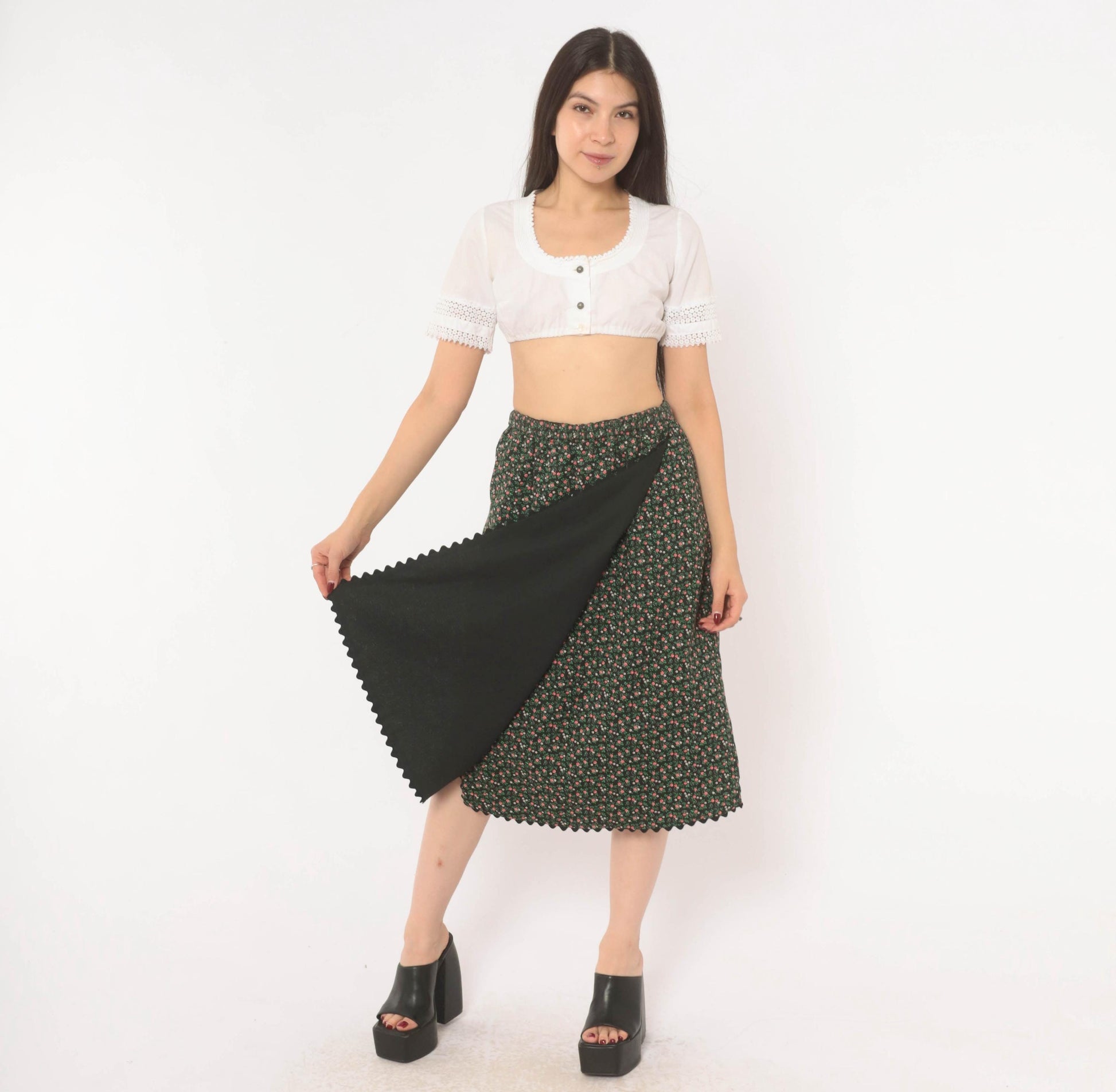 70s Black Floral Midi Skirt Tulip Pocket Patchwork A-Line Small