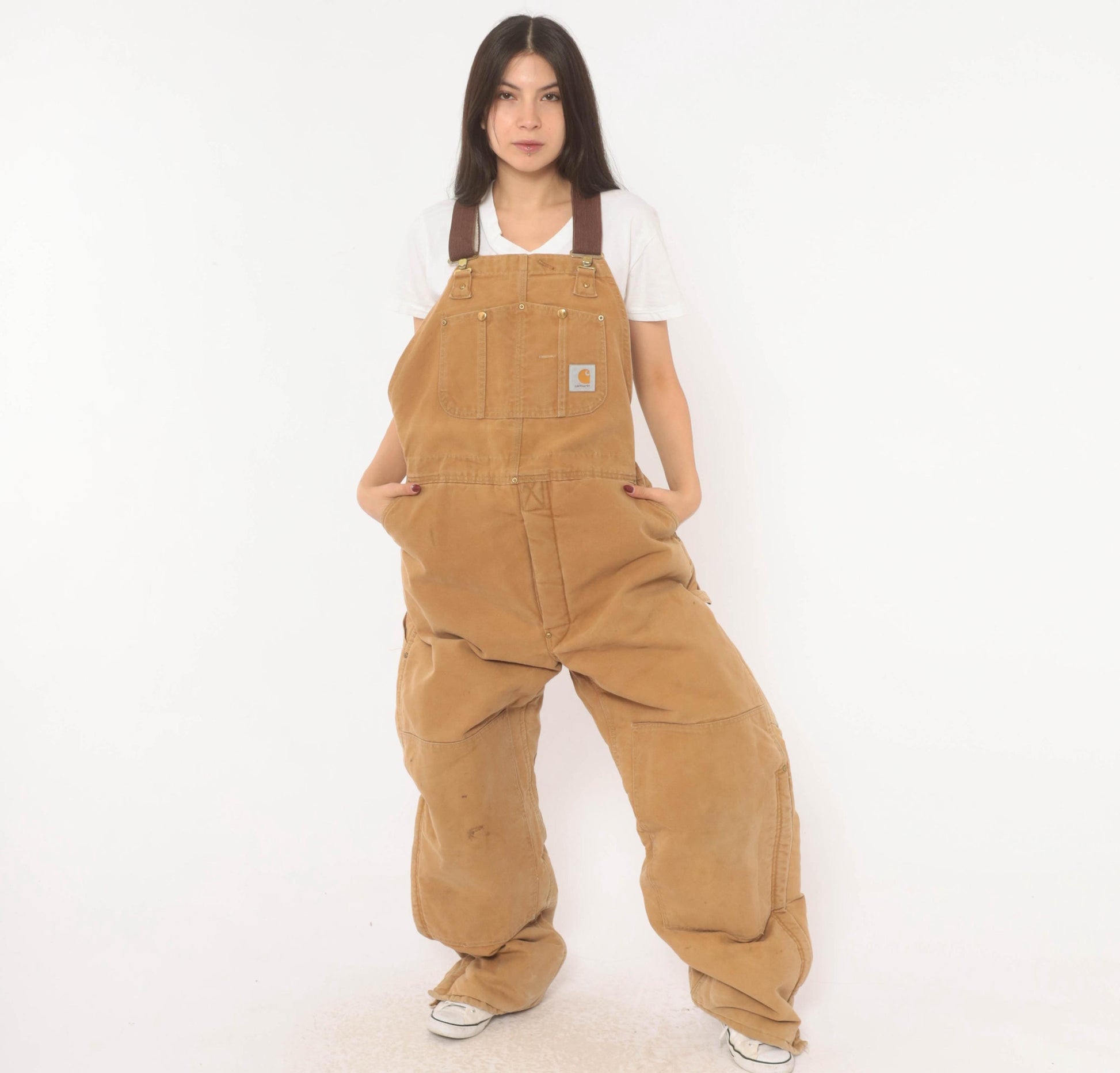 Carhartt Quilted Bib Overalls Tan Duck Canvas Double Knee Workwear XXL