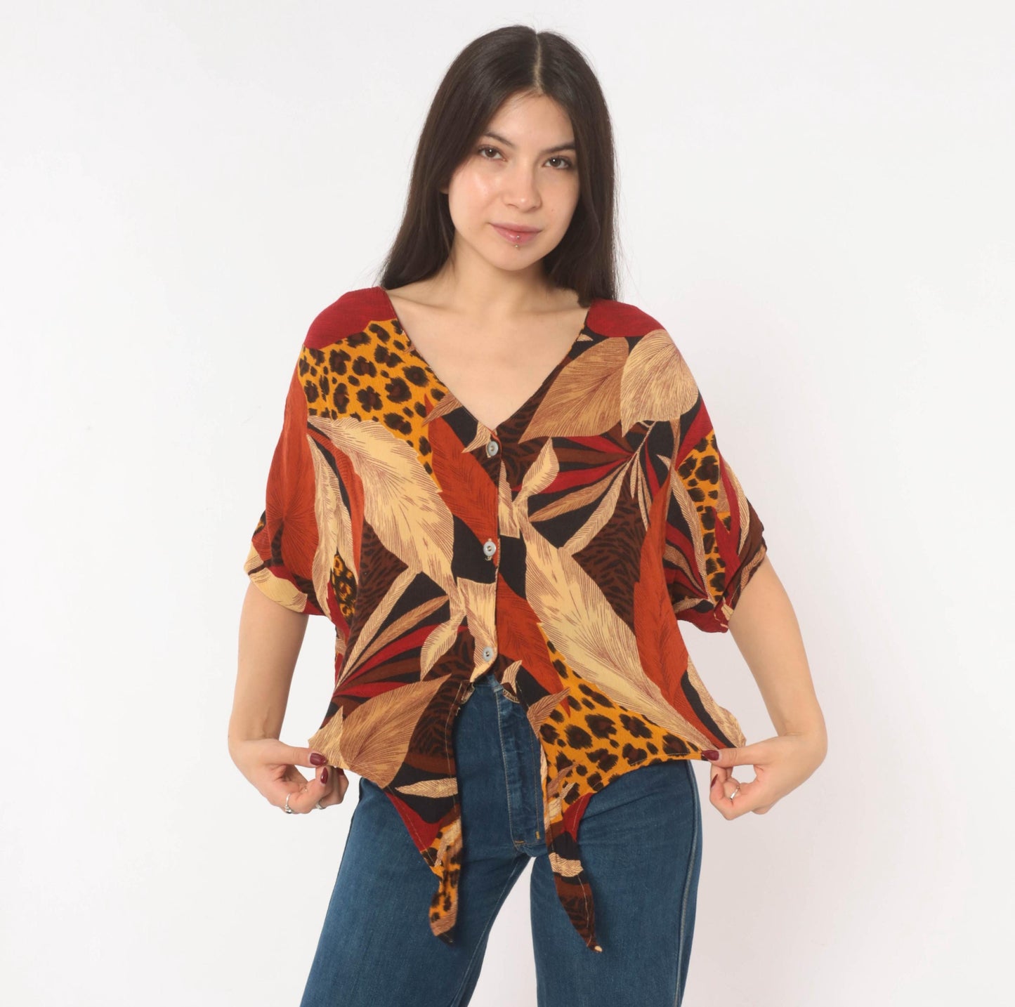 90s Options Melrose Tropical Leopard Button Blouse Tie Front Large L