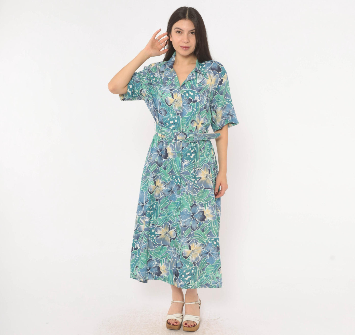 80s Elinor Carolina Maid Tropical Floral Shirtdress Blue Midi Medium