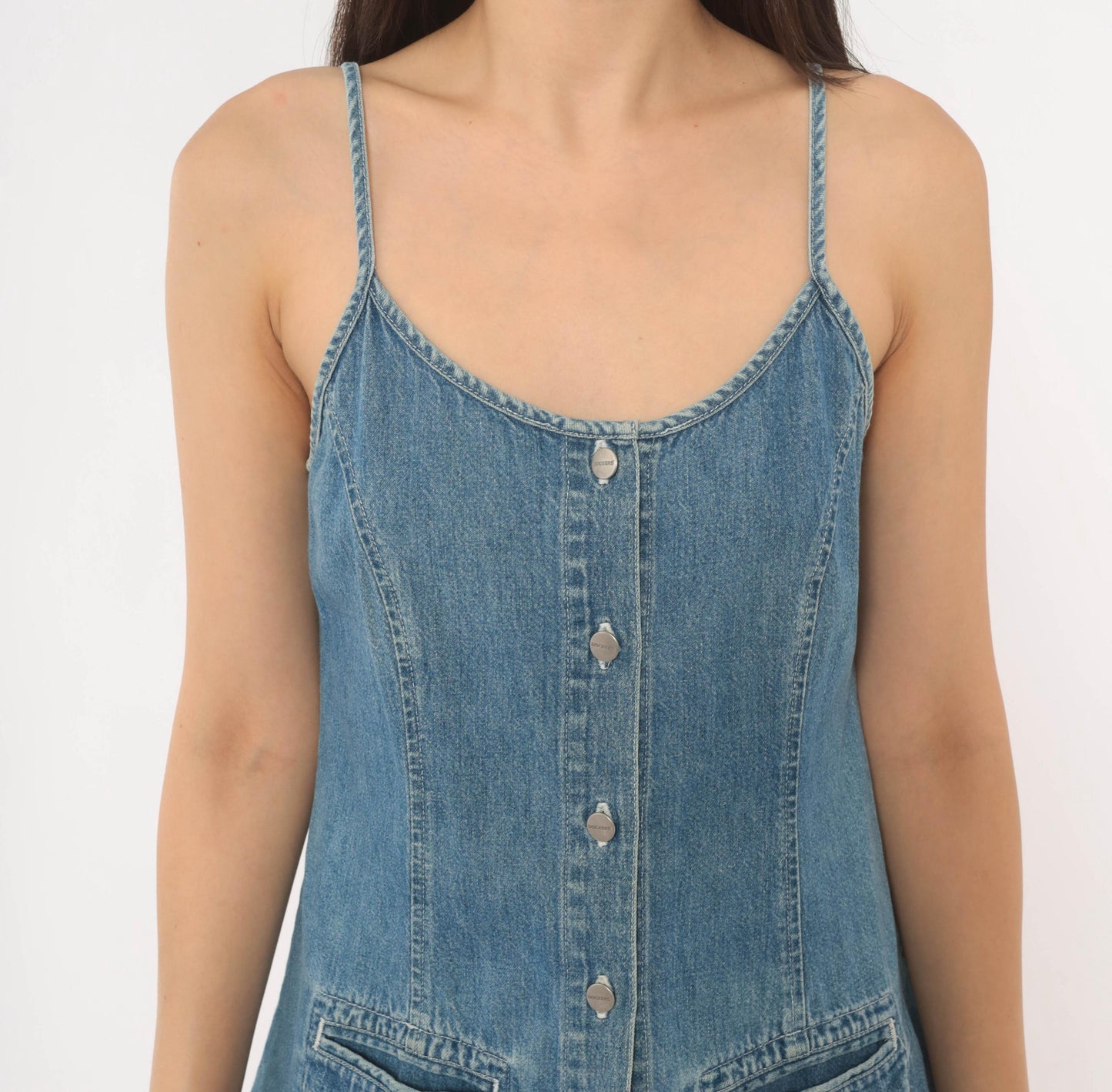 90s Dockers Denim Mini Dress Button Front Spaghetti Strap Blue Small