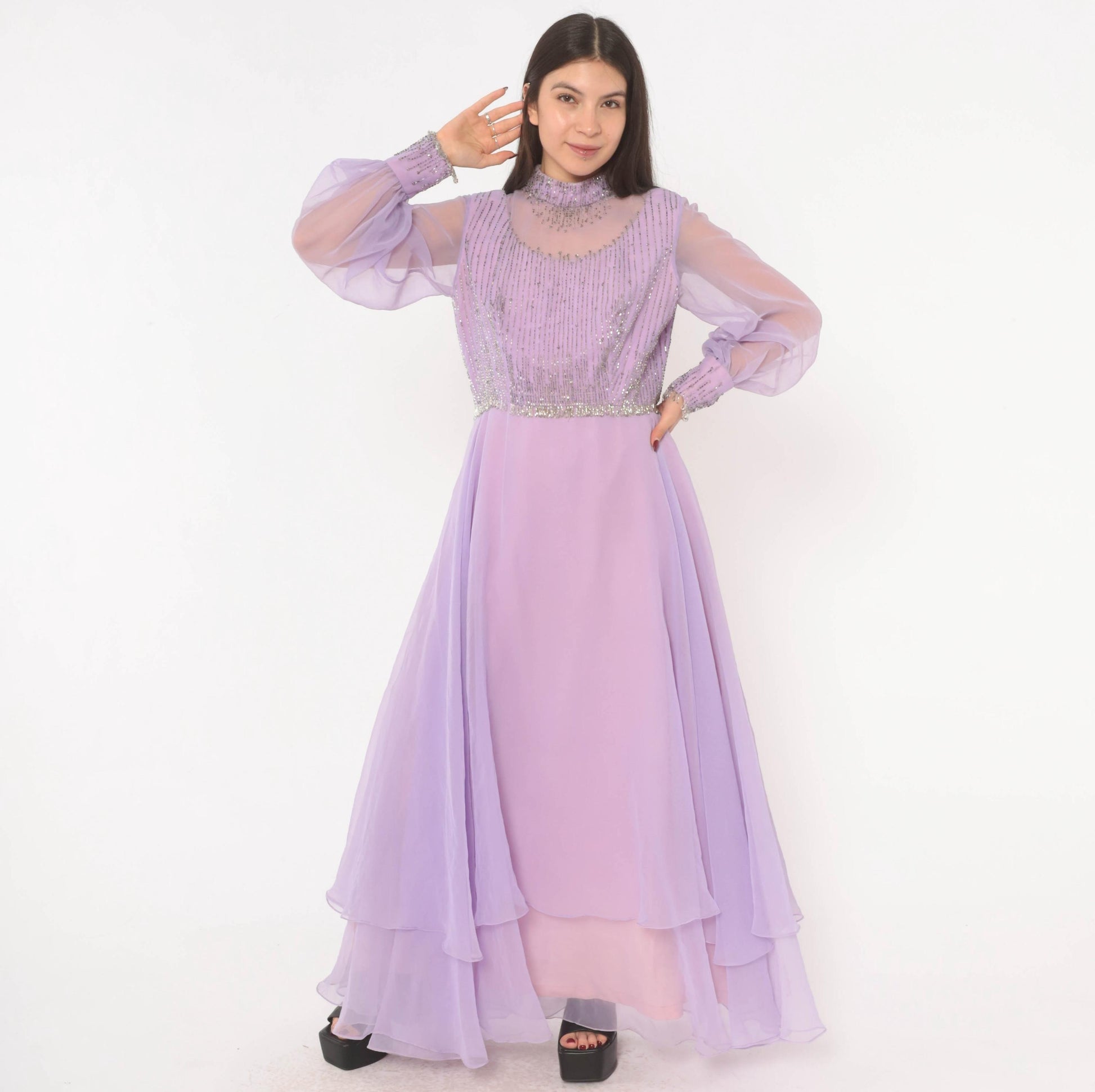 70s Lavender Chiffon Maxi Dress Beaded Bodice Bishop Sleeve Evening Gown Large L