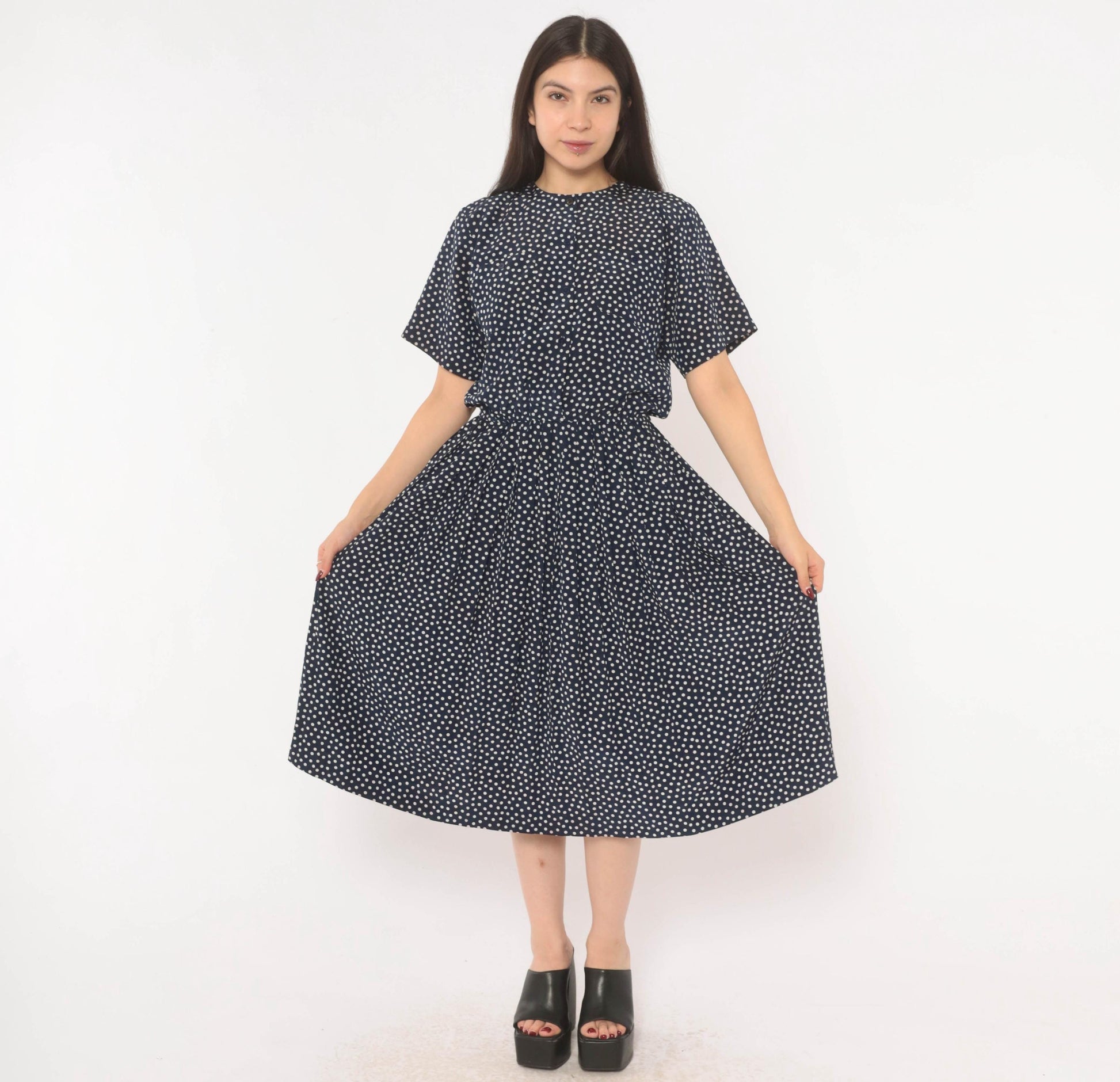 90s Navy Polka Dot Midi Dress Liz Petites Button Front Crew Neck Medium M