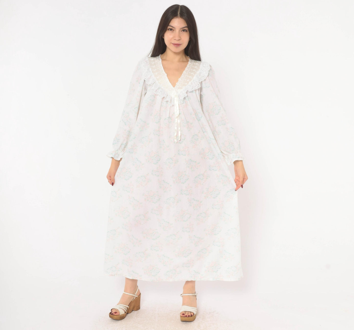 90s Gilligan O'Malley Floral Maxi Robe Puff Sleeve Eyelet Collar Pink Teal Medium M