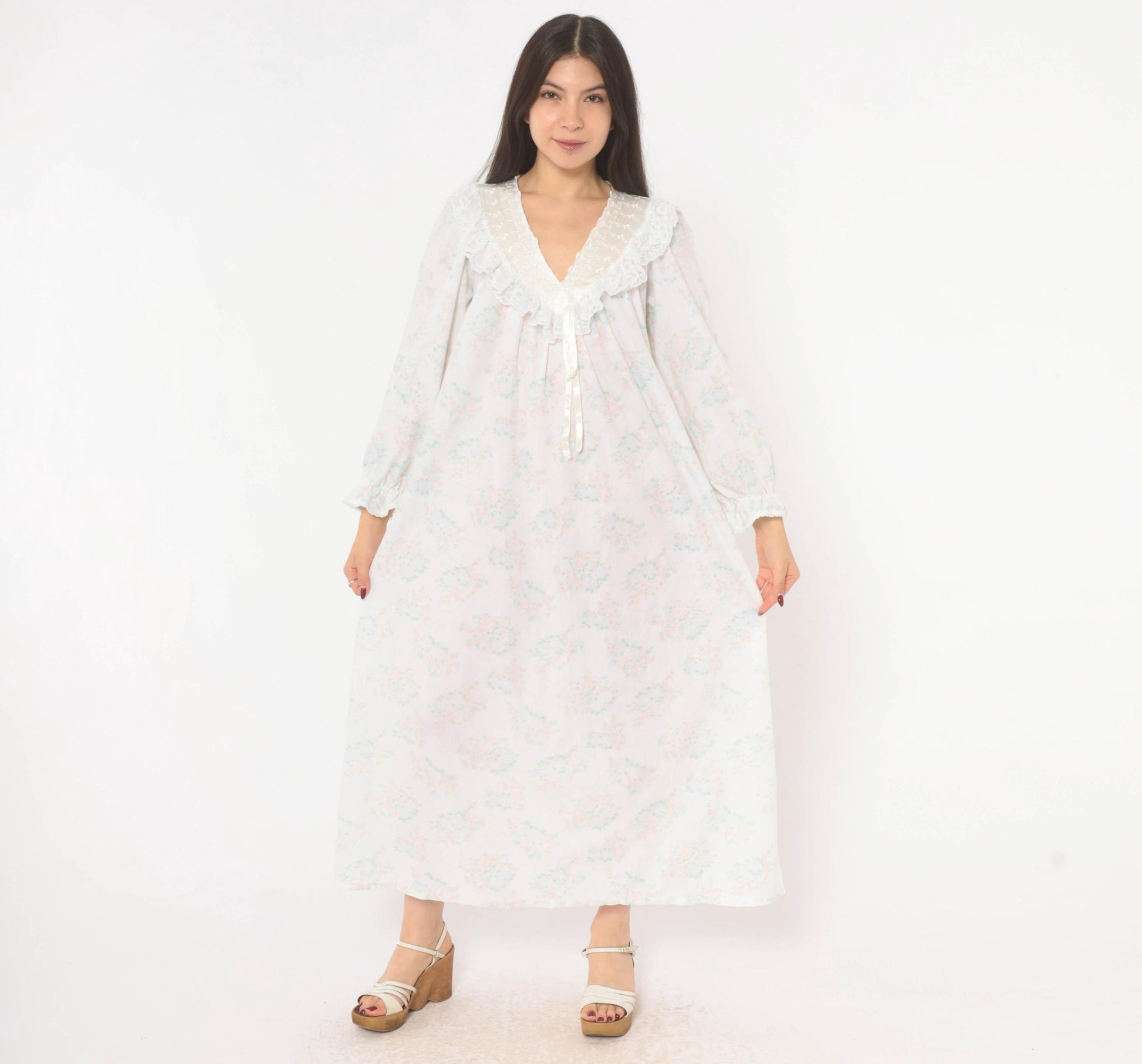 90s Gilligan O'Malley Floral Maxi Robe Puff Sleeve Eyelet Collar Pink Teal Medium M
