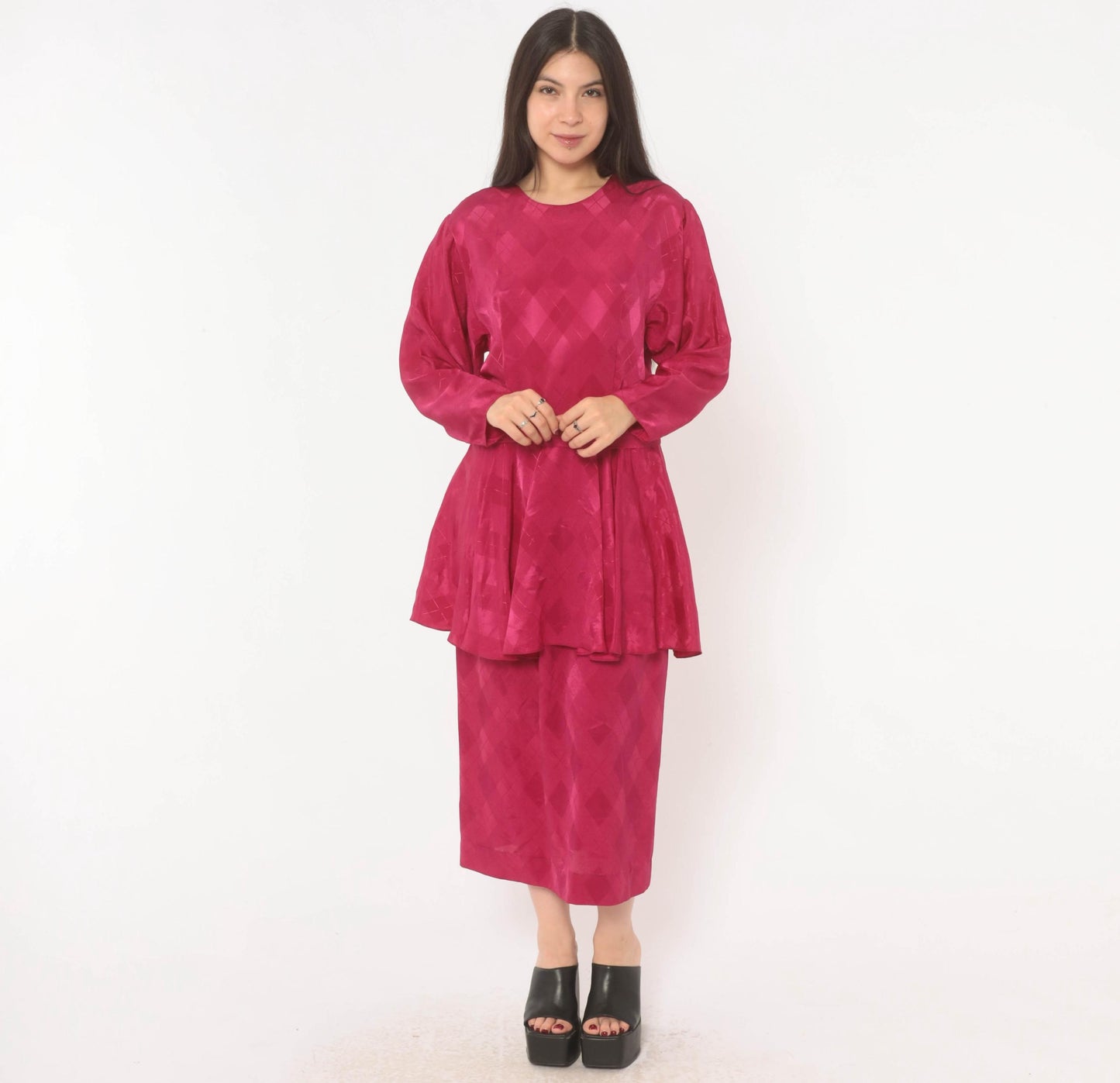 80s Fuchsia Peplum Midi Dress Open Back Jacquard Long Sleeve Large L