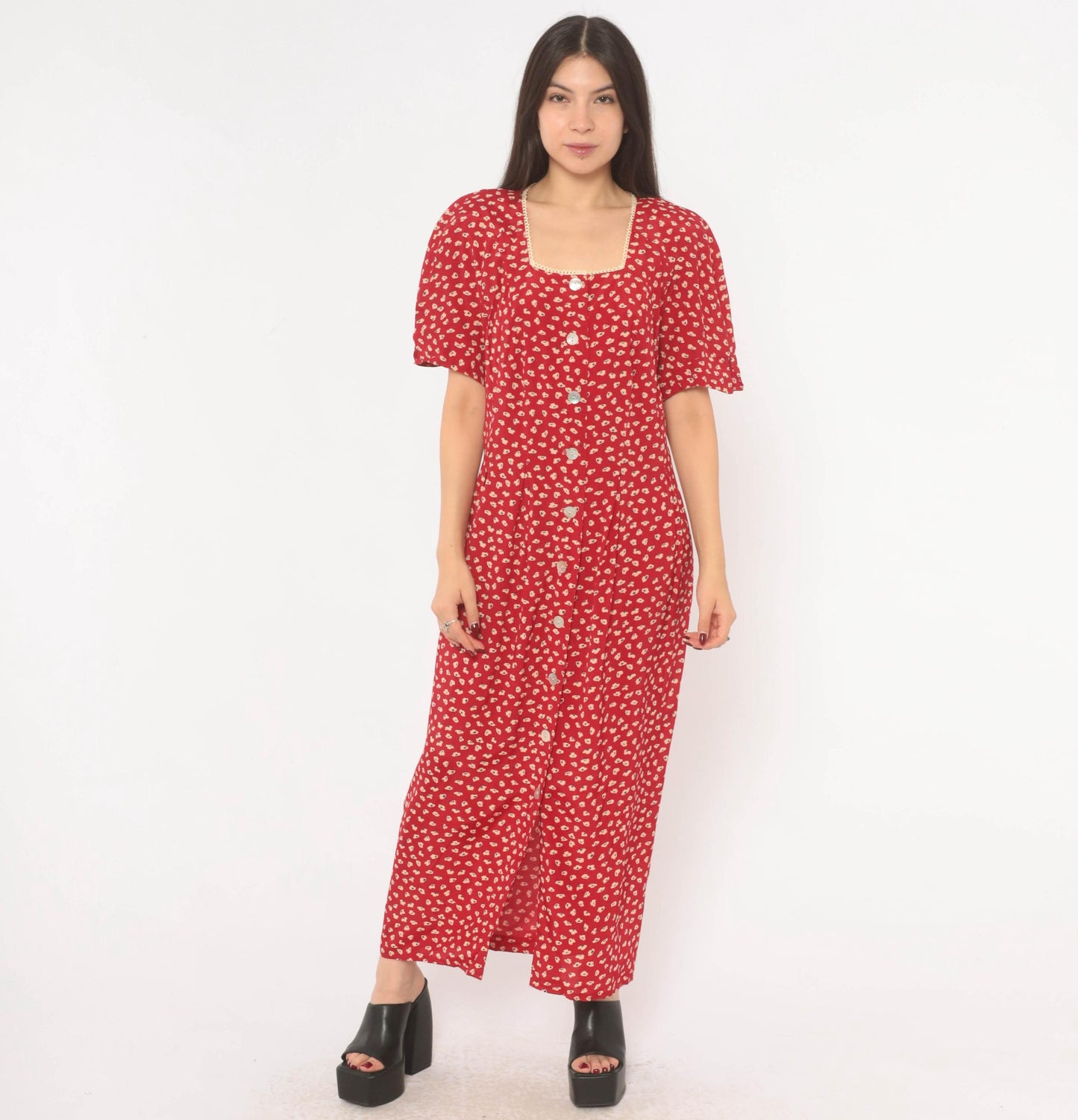 90s Anthony Mark Hankins Red Floral Maxi Dress Square Neck Lace Trim Large L