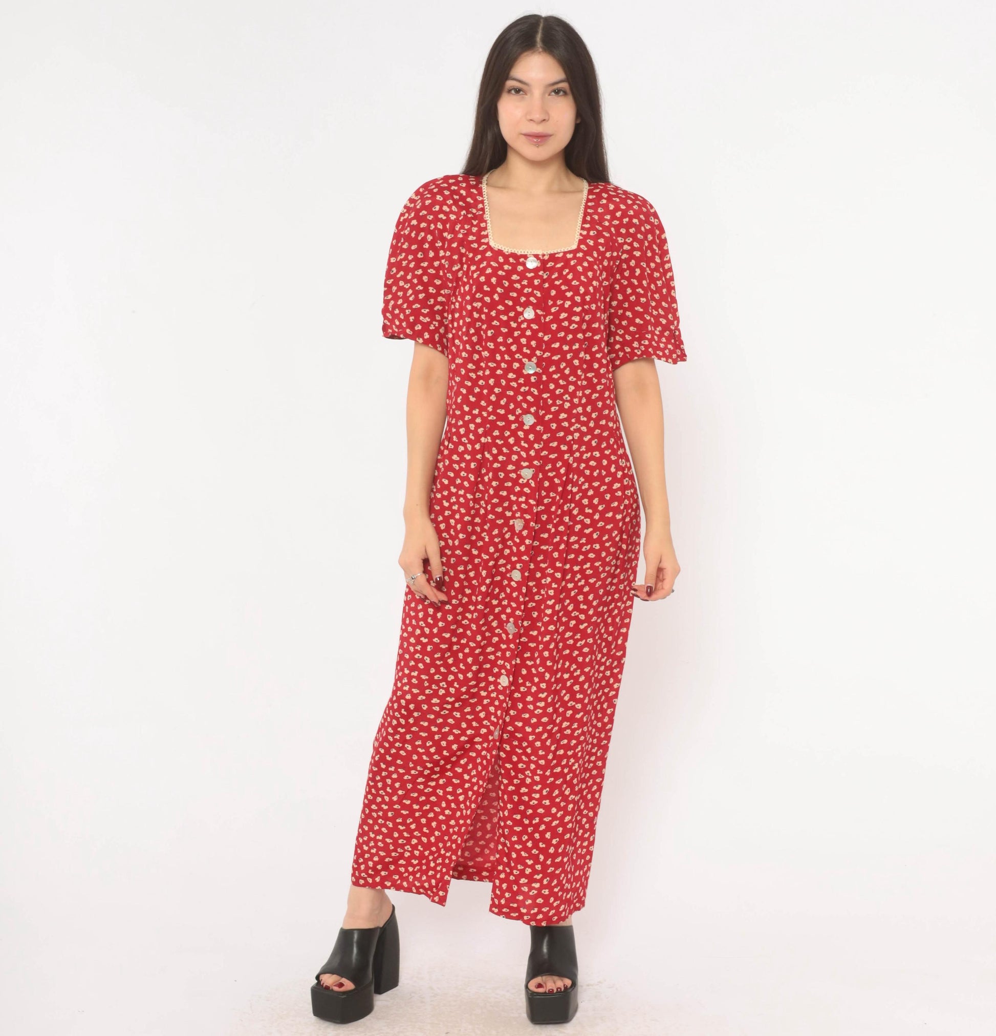 90s Anthony Mark Hankins Red Floral Maxi Dress Square Neck Lace Trim Large L