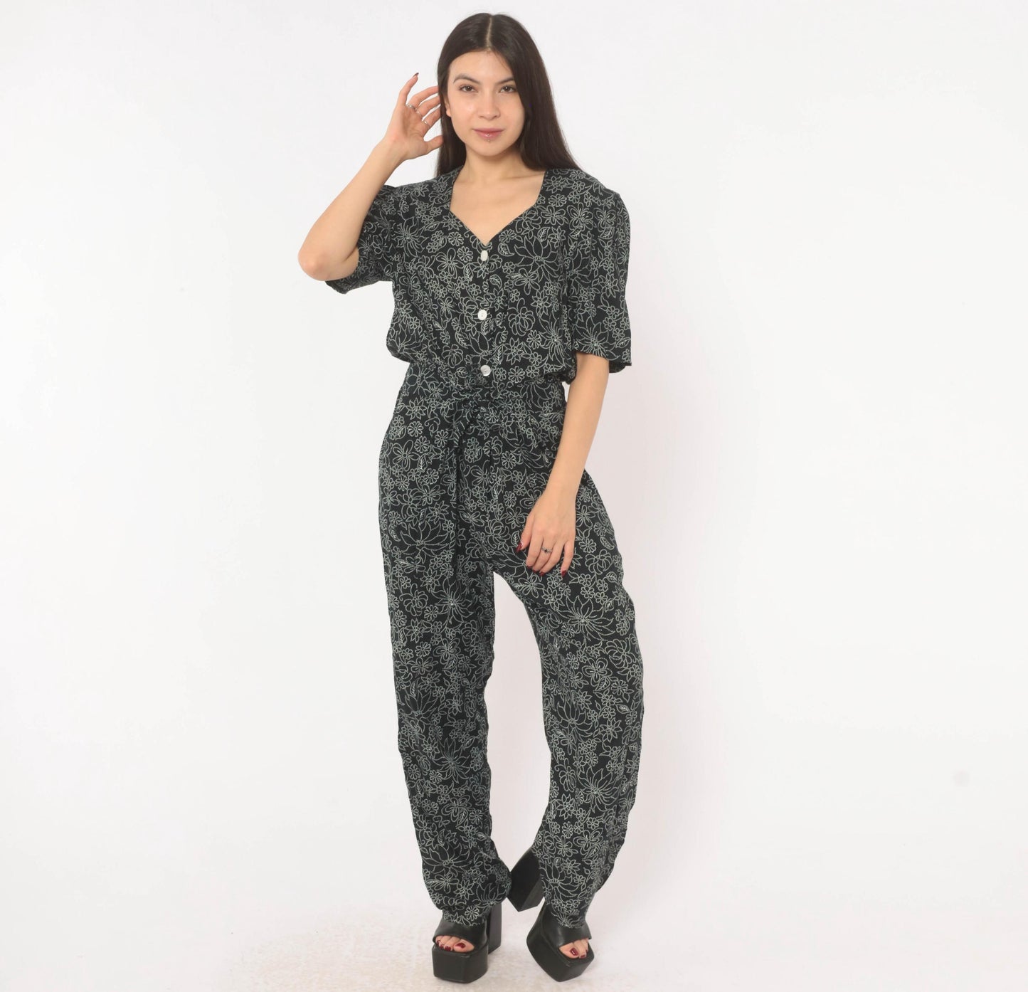 90s Molly Malloy Floral Jumpsuit Black White Dotted Print V Neck Small