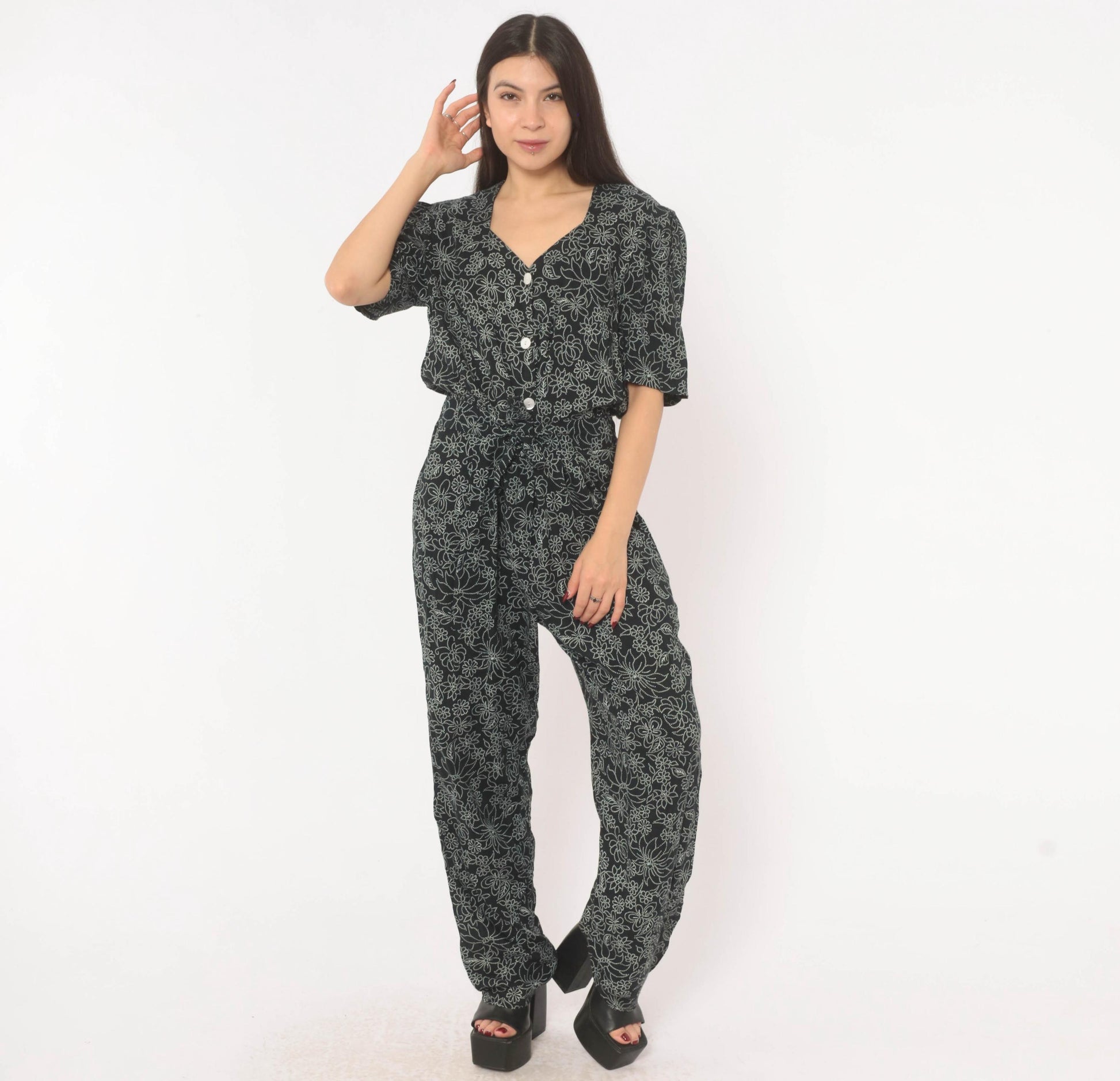 90s Molly Malloy Floral Jumpsuit Black White Dotted Print V Neck Small