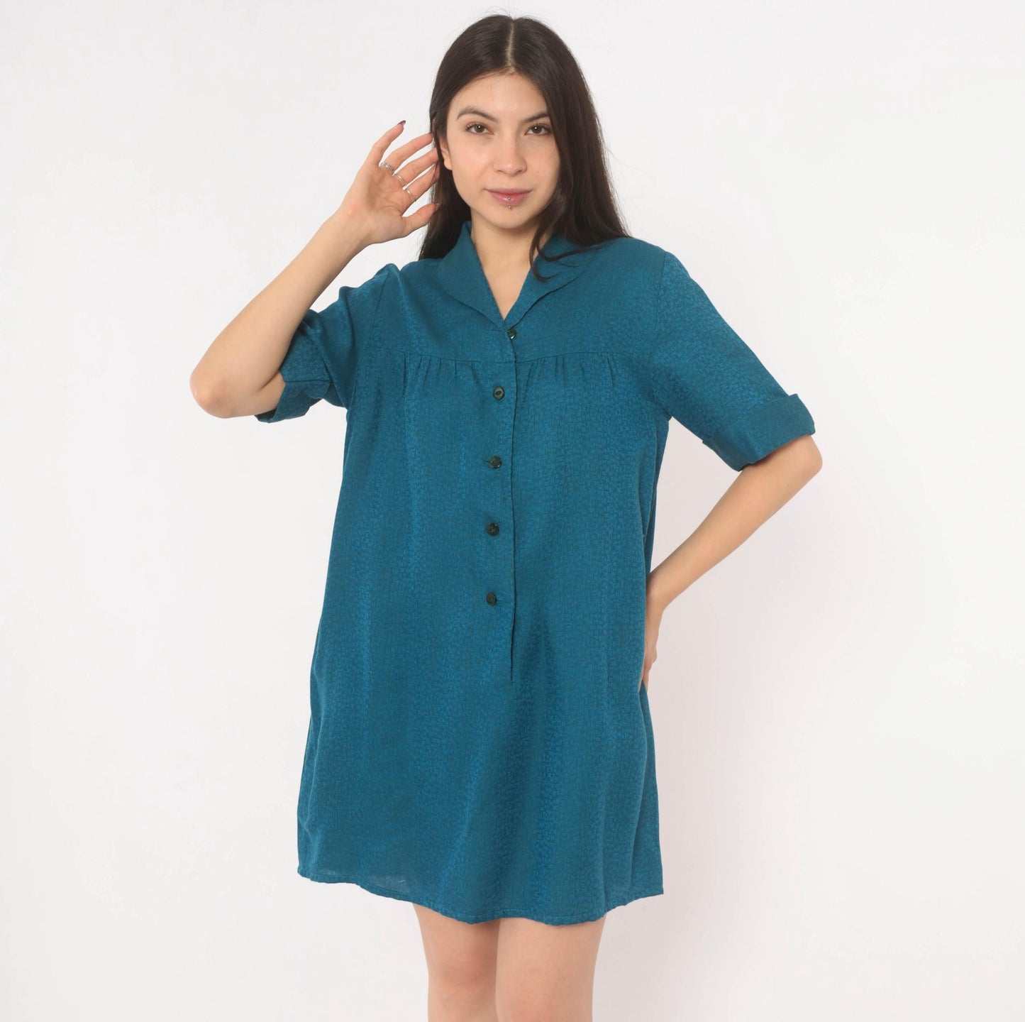 60s Royal Dry Goods Mod Shift Dress Teal Button Front Cotton Medium M