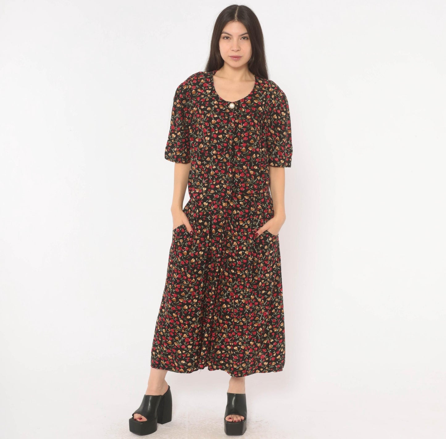90s Periwinkle Black Tulip Maxi Dress Red Floral Puff Sleeve Plus Size XXL