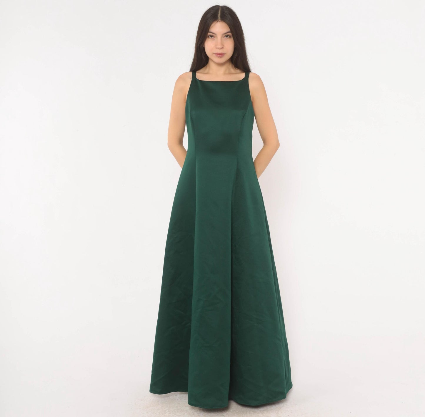 90s Betsy & Adam Emerald Satin Maxi Gown Square Neck A-Line Evening Dress Small