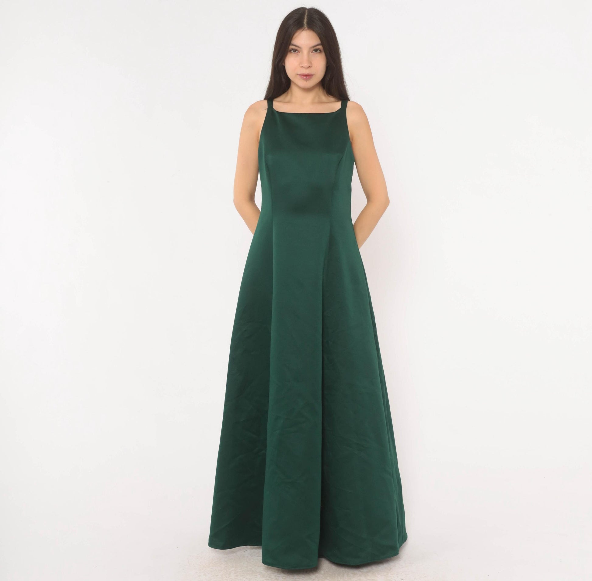 90s Betsy & Adam Emerald Satin Maxi Gown Square Neck A-Line Evening Dress Small