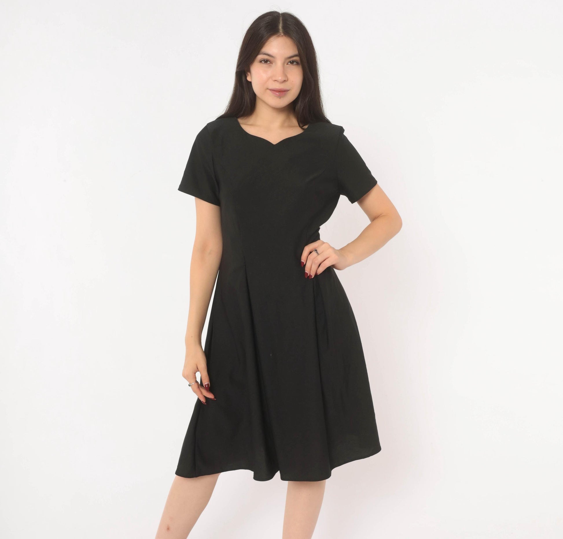 90s Black A-Line Dress Sweetheart Neckline Cap Sleeve Knee-Length Large L