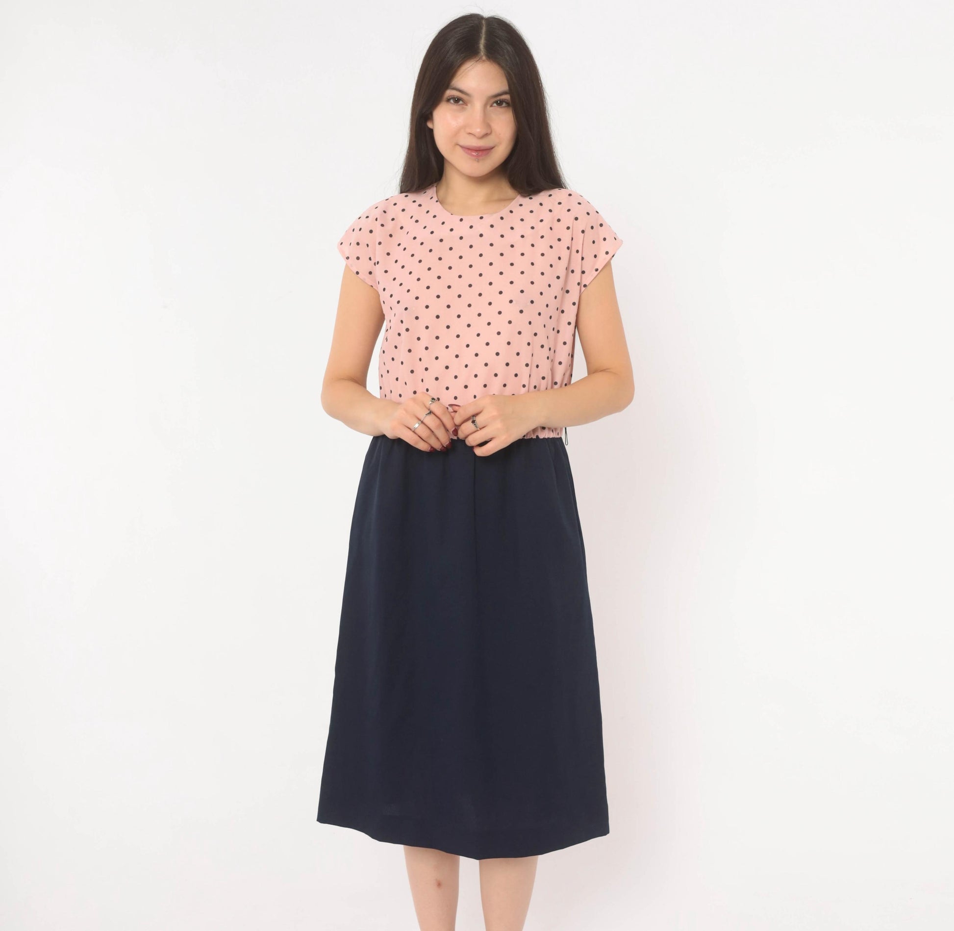 80s Two-Tone Polka Dot Dress Pink Navy Cap Sleeve A-Line Medium M