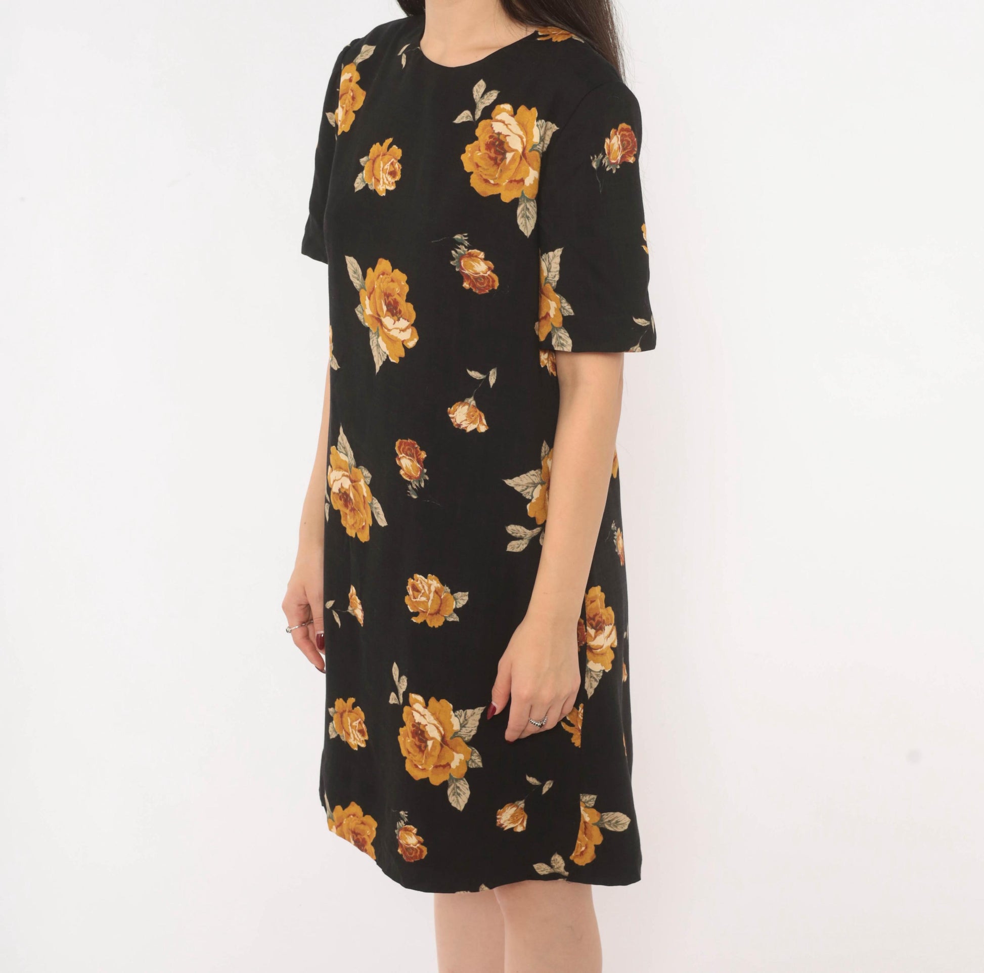 90s Black Floral Shift Dress Mustard Rose Print Cotton Crew Neck Medium M
