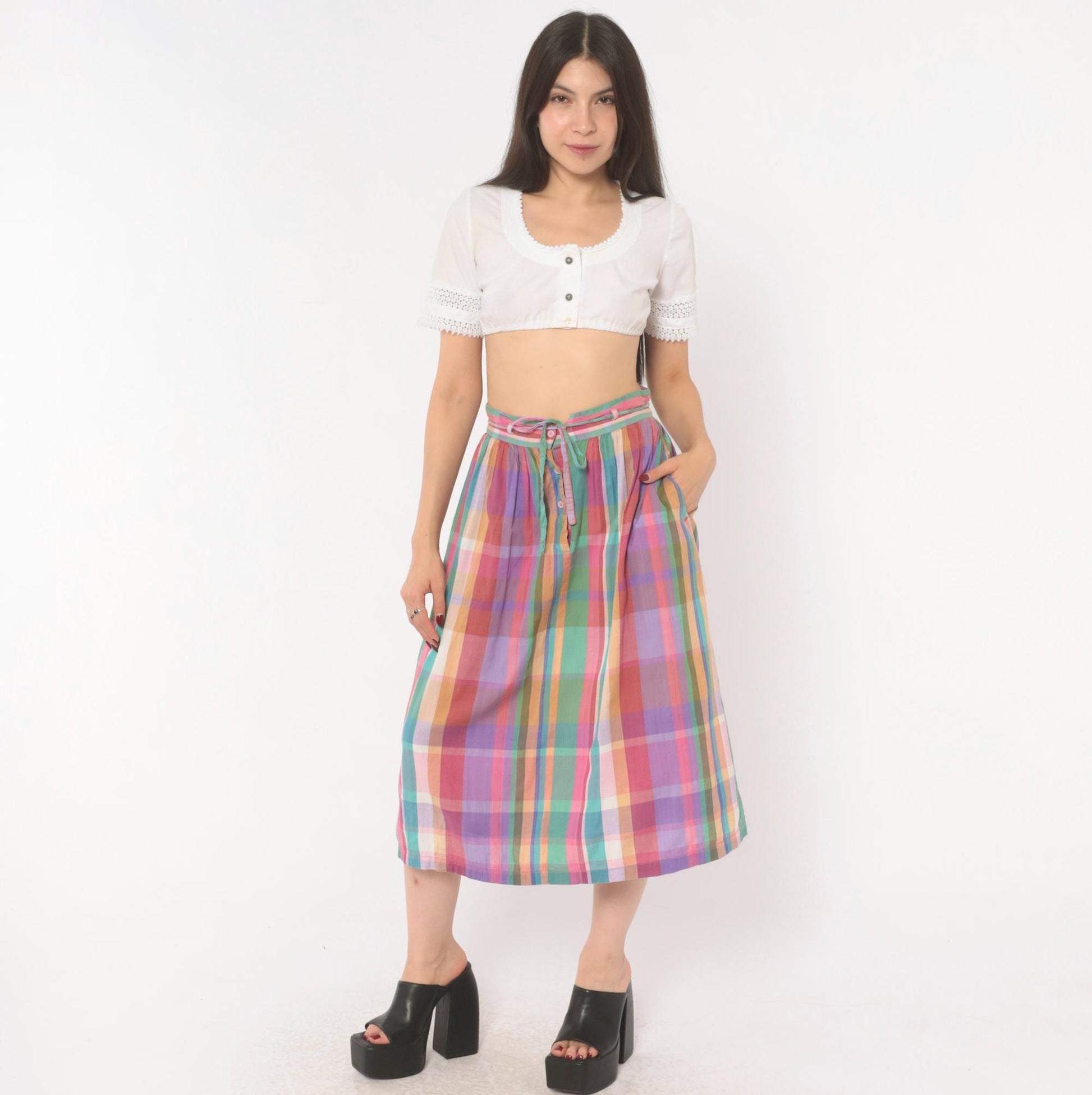 80s Michel Madras Plaid Cotton Midi Skirt Gathered A-Line Pink Teal Small