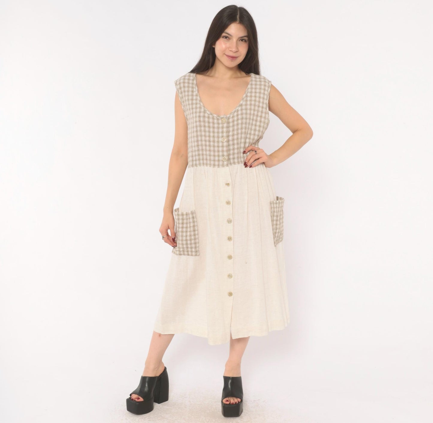 90s Two Twenty Gingham Midi Jumper Dress Tan Cream Cotton Linen Large