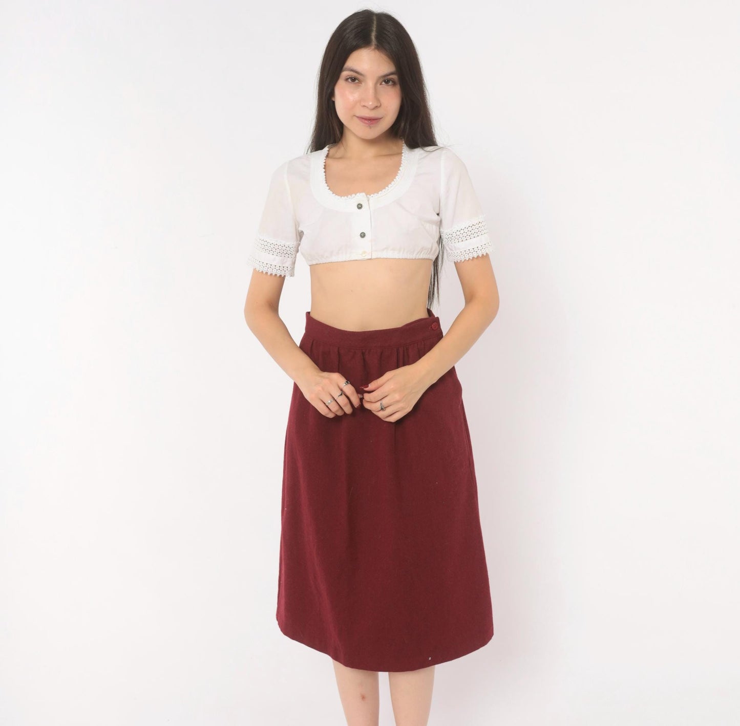 80s Sag Harbor Burgundy Wool A-Line Skirt Pleated Pockets Small