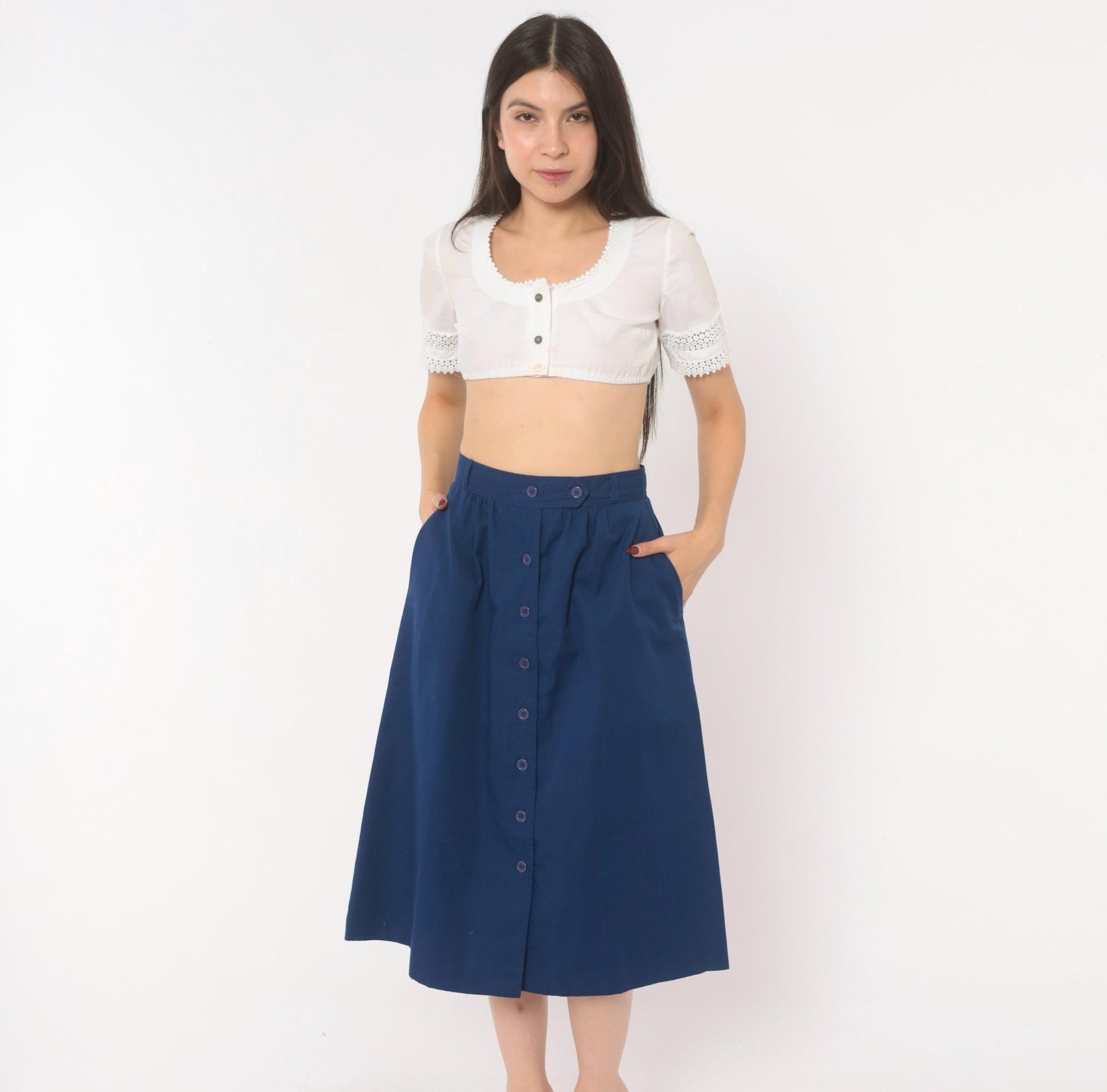 80s Navy Button Front A-Line Skirt Cotton Knee Length Medium M