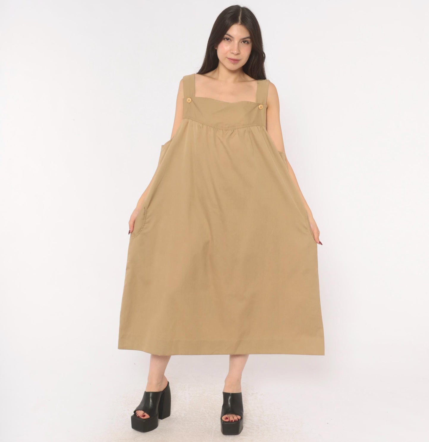 80s Tan Cotton Jumper Dress Square Neck Button Strap Midi Pinafore Large L