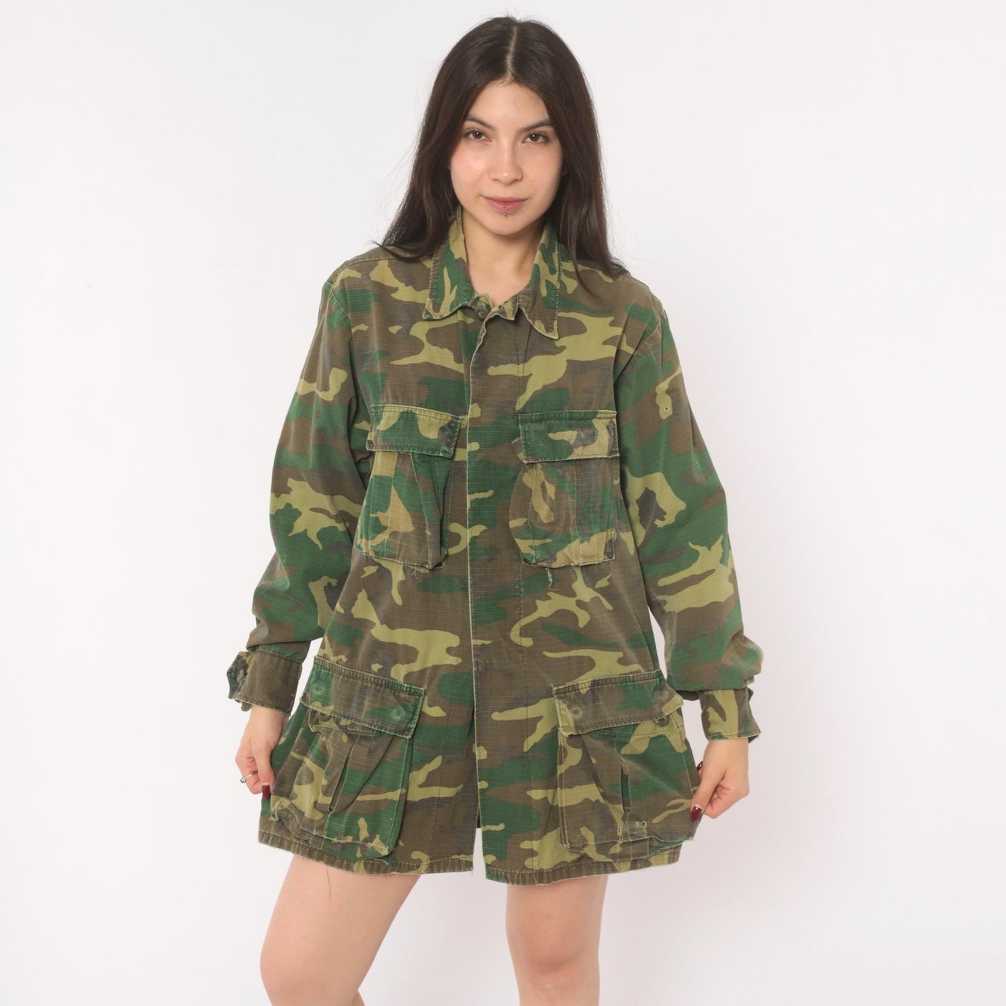 90s Woodland Camouflage Field Jacket Cotton Button Front Medium