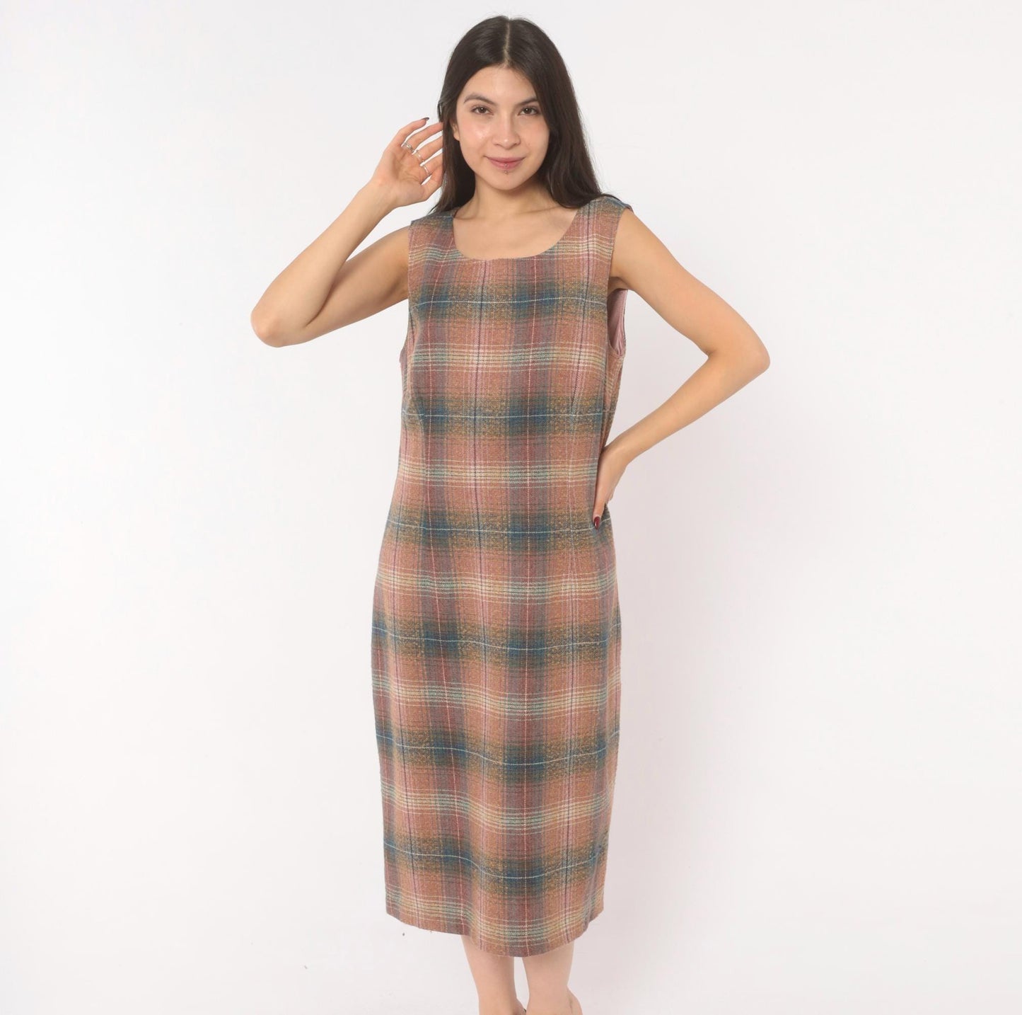 Y2K Chadwicks Plaid Wool Midi Dress Sleeveless A-Line Pink Teal Large L