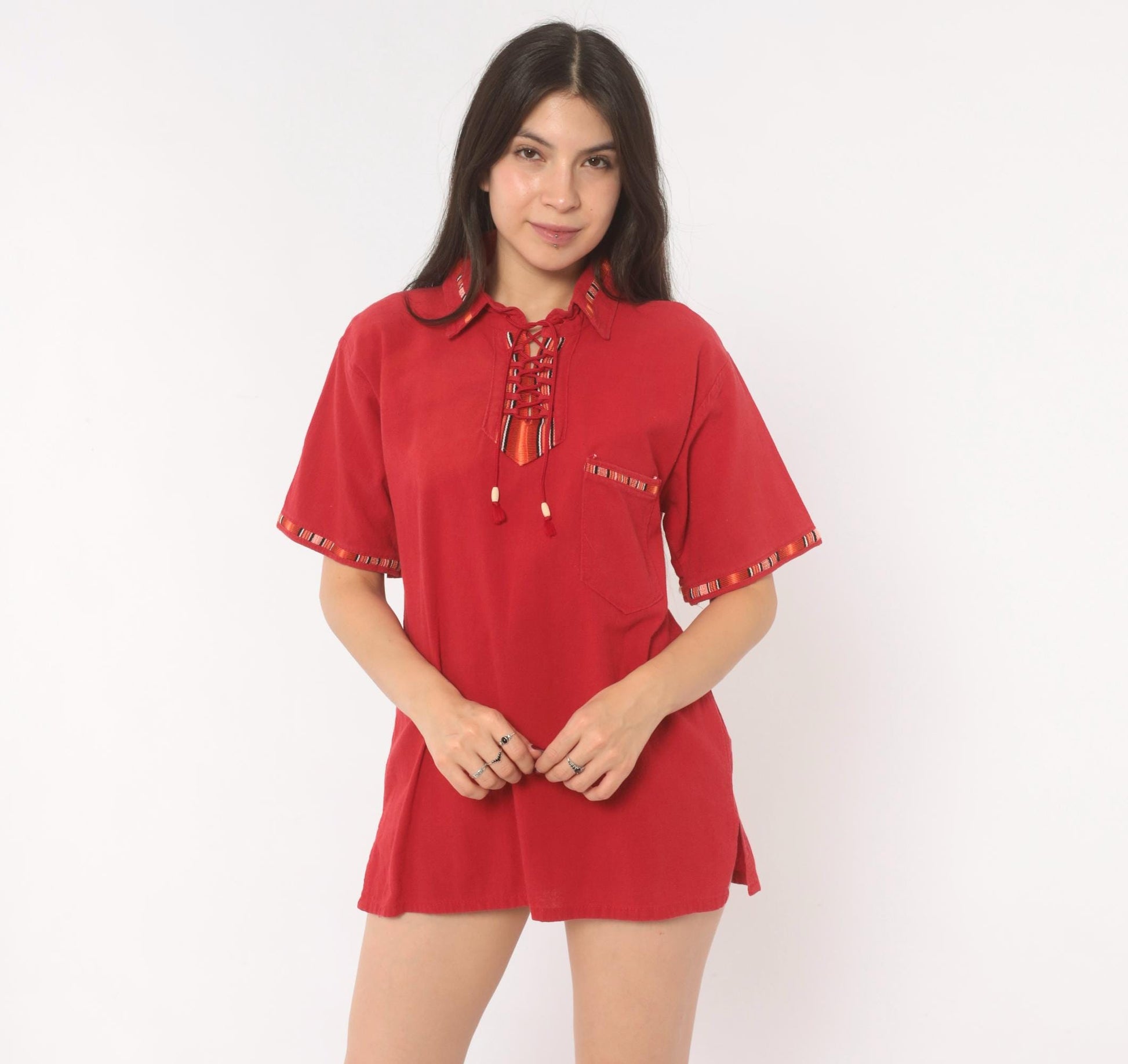 90s Red Cotton Lace-Up Tunic Shirt Southwestern Woven Trim Tassels Medium