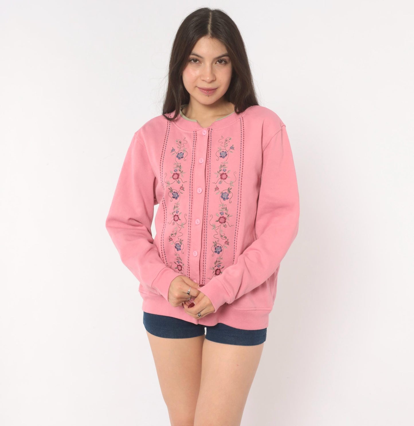 90s Shenanigans Floral Embroidered Cardigan Pink Cotton Button Front Medium