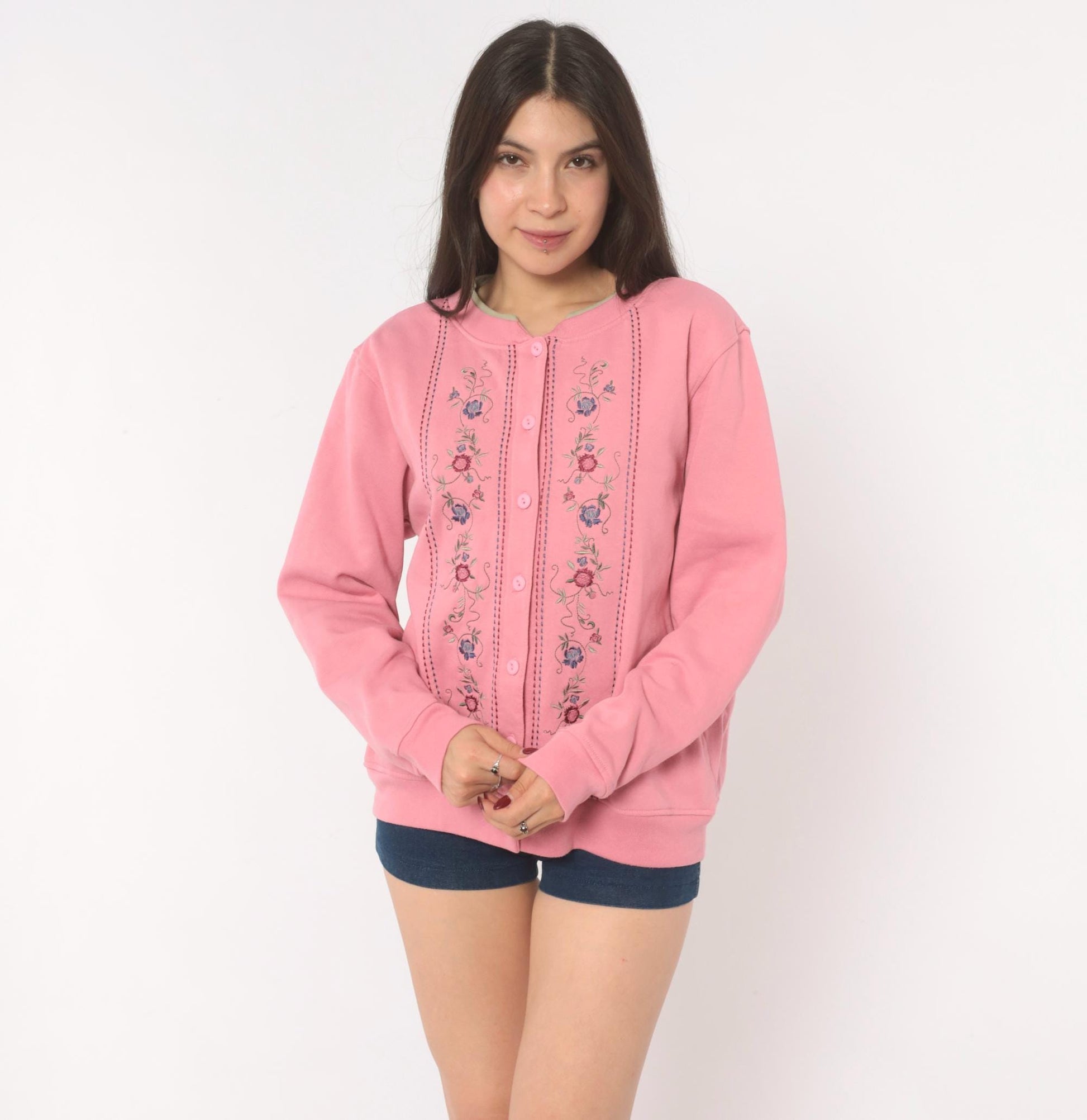 90s Shenanigans Floral Embroidered Cardigan Pink Cotton Button Front Medium