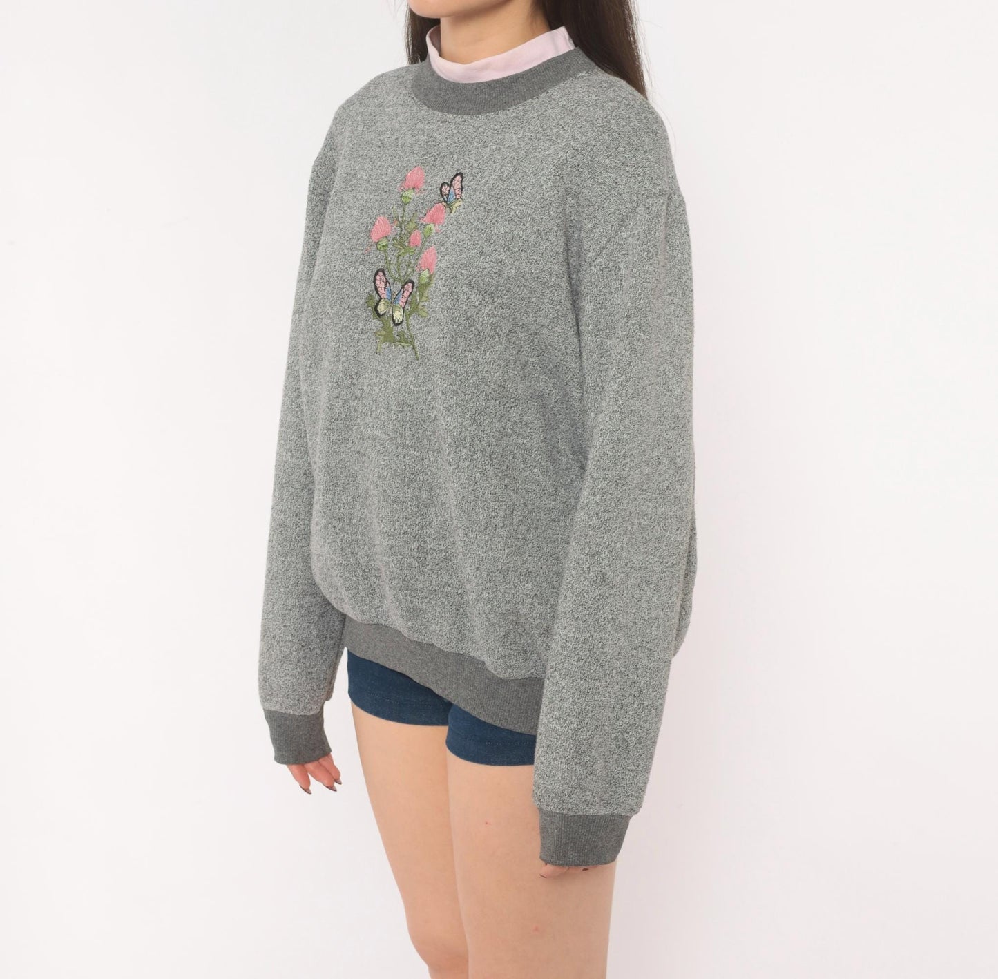 90s Bonworth Embroidered Butterfly Floral Sweatshirt Grey Crewneck Large L