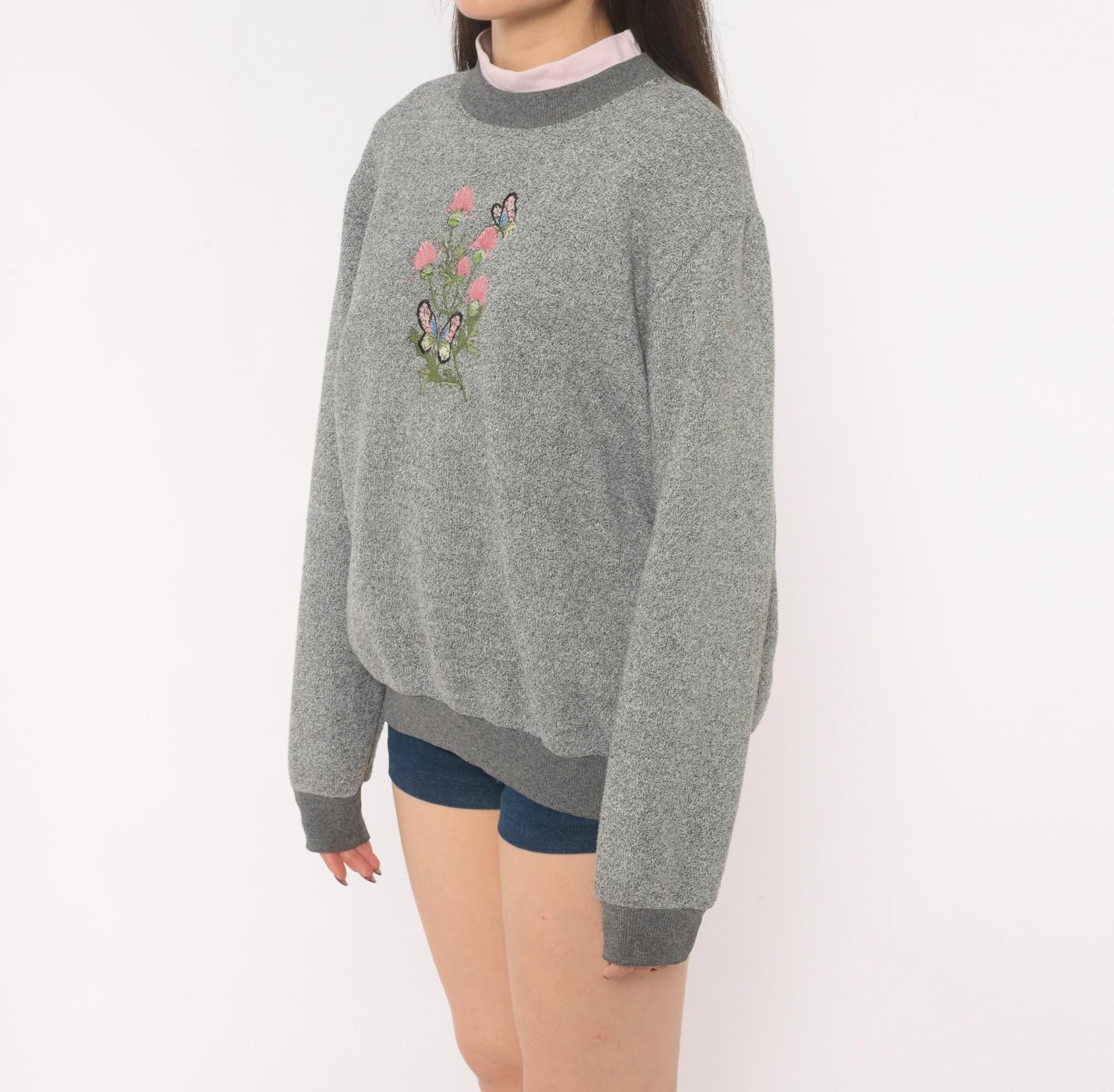 90s Bonworth Embroidered Butterfly Floral Sweatshirt Grey Crewneck Large L