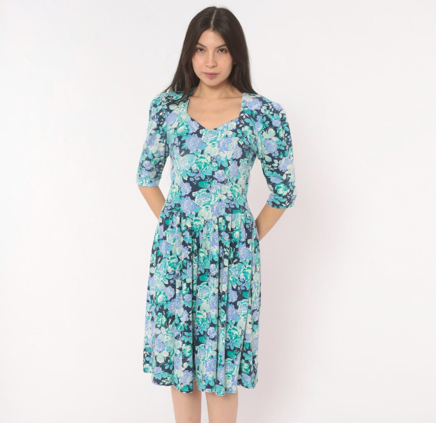80s Stash Floral Dress Rose Print Sweetheart Neckline Puff Sleeve Navy Extra Small XS