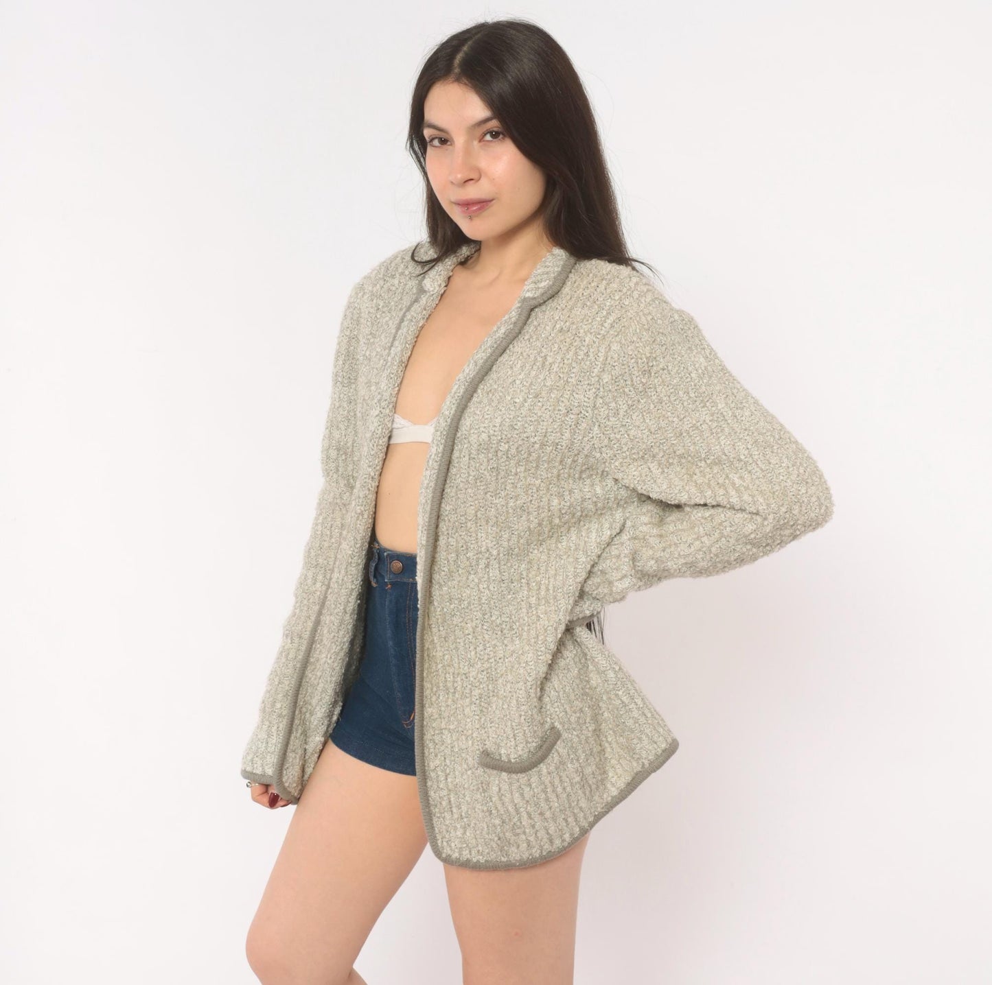 70s Harrington Square Bouclé Cardigan Grey Patch Pocket Knit Large L