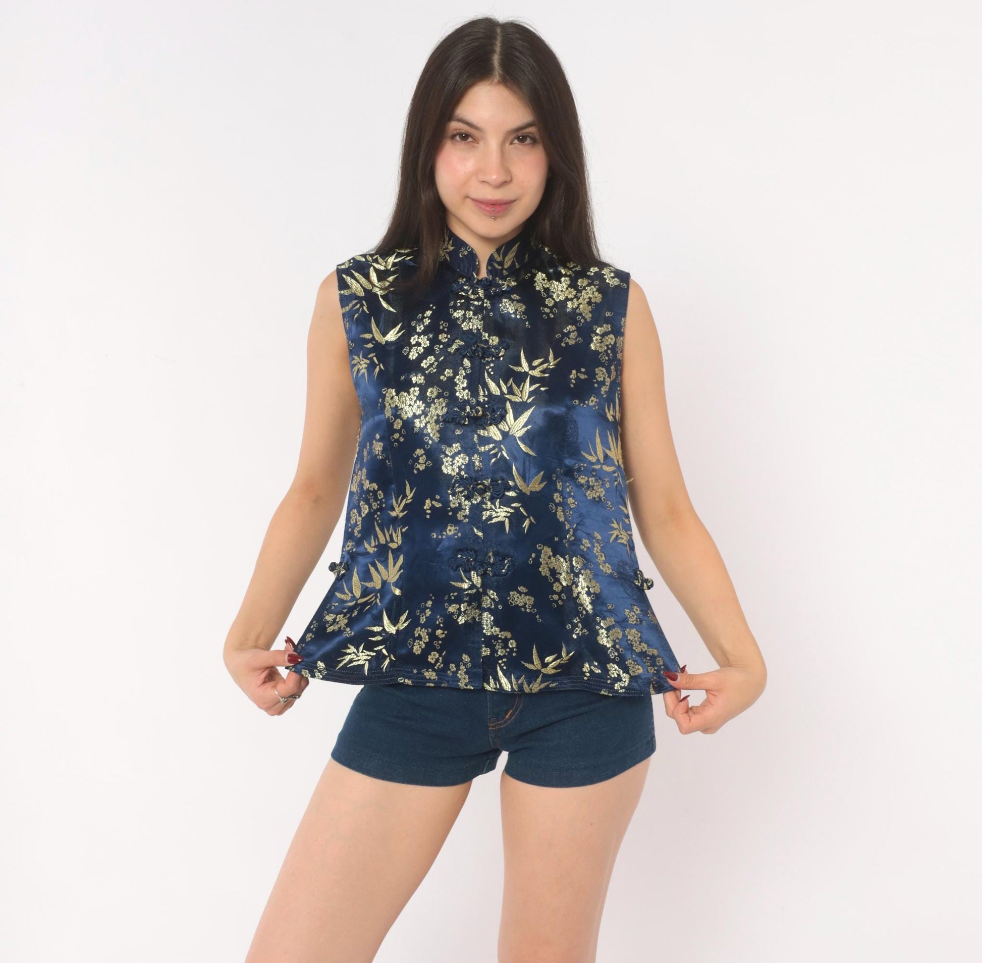 90s Navy Silk Cheongsam Vest Gold Bamboo Brocade Mandarin Collar Small S