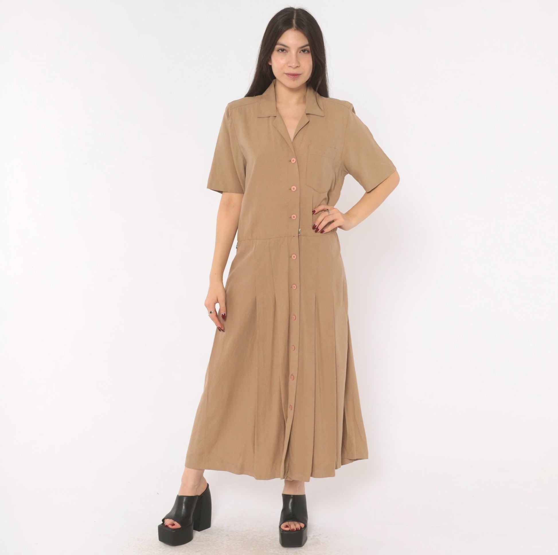 90s Liz Claiborne Silk Maxi Shirt Dress Tan Camp Collar Pleated Medium M